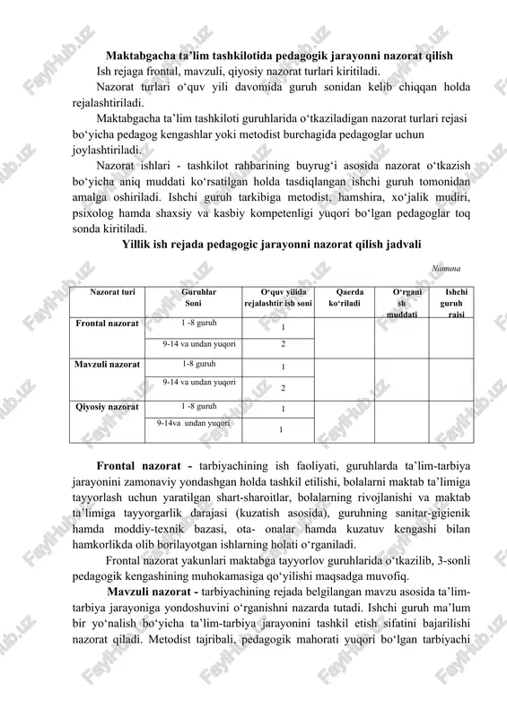 soboti, maktabgacha ta’lim tashkilotida yozgi sog‘lomlashtirish mavsumiga tayyorgarlik ishlarining belgilangan reja asosida olib borilishi muhokamaga kiritiladi. guruhlarning yozgi sog‘lomlashtirish mavsumi rejasini tasdiqlash, mavsumga doir tavsiyanomalar bilan tanishtirish masalalari kiritiladi. mavzu asosida kun tartibiga 3 tadan ko‘p bo‘lmagan masalalar kiritiladi. umumiy ishlab chiqarish yig‘ilishida ko‘rilgan masalalar yuzasidan qaror qabul qilinadi, qaror ijrosi bo‘yicha mas’ul va muddatlar belgilanadi. o‘rganilgan masalalarga oid hujjatlar yig‘ma jildi shakllantiriladi. umumiy ishlab chiqarish yig‘ilishi bayonnomalari daftari tikilgan, sahifalangan, maktabgacha ta’lim tashkiloti rahbari tomonidan imzolangan va muhrlangan bo‘lishi lozim. maktabgacha ta’lim tashkilotida pedagogik jarayonni nazorat qilish ish rejaga frontal, mavzuli, qiyosiy nazorat turlari kiritiladi. nazorat turlari o‘quv yili davomida guruh sonidan kelib chiqqan holda rejalashtiriladi. maktabgacha ta’lim tashkiloti guruhlarida o‘tkaziladigan nazorat turlari rejasi bo‘yicha pedagog kengashlar yoki metodist burchagida pedagoglar uchun joylashtiriladi. nazorat ishlari - tashkilot rahbarining buyrug‘i asosida nazorat o‘tkazish bo‘yicha aniq muddati ko‘rsatilgan holda tasdiqlangan ishchi guruh tomonidan amalga oshiriladi. ishchi guruh tarkibiga metodist, hamshira, xo‘jalik …
