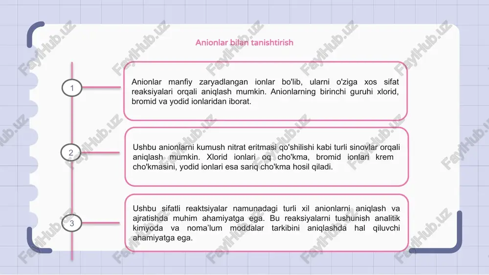 g birinchi guruhiga xlorid, bromid va yodid ionlari kiradi. sifatli tahlilda bu ionlar xarakterli reaksiyalari asosida aniqlanadi. xlorid ionlari kumush nitrat bilan ishlov berilganda kumush xloridning oq cho'kmasini hosil qiladi. bromid ionlari kumush nitrat bilan ham cho'kma hosil qiladi, ammo u och sariq rangga ega. yodid ionlari esa kumush nitrat bilan sariq cho'kma hosil qiladi. bu reaksiyalar eritmadagi turli anionlarni ajratishga yordam beradi. eritmadagi anionlarni aniqlash anionlarning birinchi guruhiga xlorid, bromid va yodid kiradi. ular kumush nitrat bilan reaksiyaga kirishib, mos ravishda kumush xlorid, kumush bromid va kumush yodid cho'kmalarini hosil qilish orqali aniqlanishi mumkin. yana bir keng tarqalgan sinov bariy xlorid qo'shilishini o'z ichiga oladi, bu mos ravishda sulfat va karbonat ionlari bilan bariy sulfat yoki bariy karbonat cho'kmalarining shakllanishiga olib keladi. ushbu reaksiyalar eritmada bu anionlarning mavjudligini aniqlashga yordam beradi. bundan tashqari, temir xlorid ishtirokida nitrat ionlari bilan reaktsiya nitrat ionlari mavjudligini ko'rsatadigan jigarrang rang hosil qilishi mumkin. …