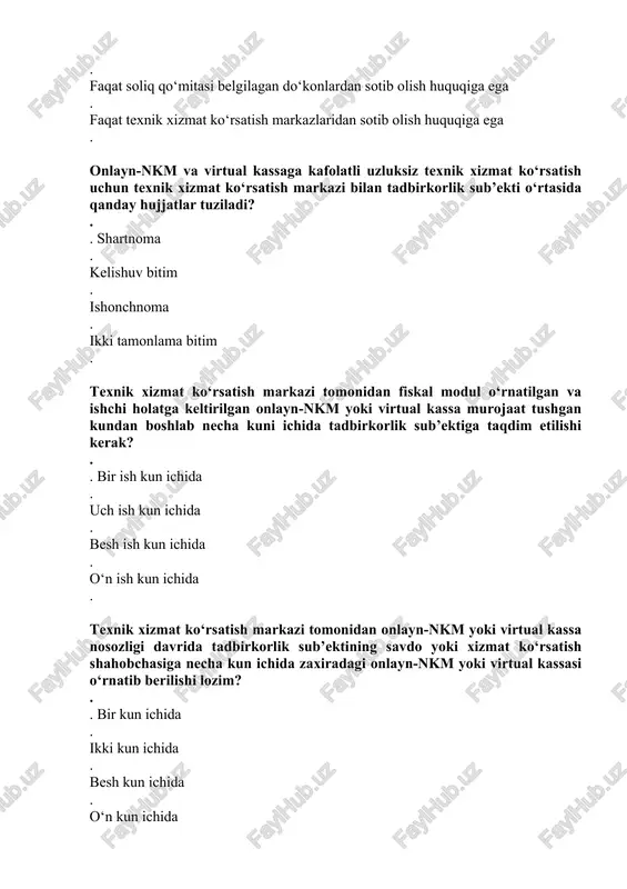 ish markazi tomonidan onlayn-nkm yoki virtual kassa nosozligi davrida tadbirkorlik sub’ektining savdo yoki xizmat ko‘rsatish shahobchasiga necha kun ichida zaxiradagi onlayn-nkm yoki virtual kassasi o‘rnatib berilishi lozim? . . bir kun ichida . ikki kun ichida . besh kun ichida . o‘n kun ichida . tadbirkorlik sub’ekti tugatilgan taqdirda fiskal modul kimga qaytarilishi lozim? . . texnik xizmat ko‘rsatish markaziga . davlat xizmatlari markaziga . sotib olingan do‘konga . hech kimga qaytarilmasdan o‘zida saqlanishi lozim . fiskal modul yaroqsiz holatga kelgan taqdirda fiskal modul kimga qaytarilishi lozim? . . texnik xizmat ko‘rsatish markaziga . soliq qo‘mitasiga . sotib olingan do‘konga . hech kimga qaytarilmasdan o‘zida saqlanishi lozim . fiskal modul amal qilish muddati tugagan taqdirda fiskal modul kimga qaytarilishi lozim? . . texnik xizmat ko‘rsatish markaziga . soliq qo‘mitasiga . sotib olingan do‘konga . hech kimga qaytarilmasdan o‘zida saqlanishi lozim . fiskal modul xotirasi ma’lumotlar bilan to‘lgan taqdirda fiskal modul …