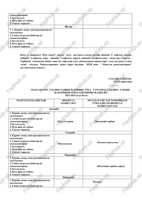 lashtirish” qo'llanmasida mavjud. «tasdiklayman» -mtm direktori ________ maktabgacha ta'lim tashkilotining o'rta guruxida ta'lim –tarbiya jarayonini rejalashtirish jadvali 2023-2024 o'quv yili. markazlarda ishlash frontal mashg'ulot mutaxassislar tomonidan o'tiladigan frontal mashg'ulotlar dushanba 1. qurish- yasash, konstruktsiyalash va matematika 2. syujetli rolli o'yinlar va saxnalashtirish 3.til va nutq 4. ilm, fan va tabiat. 5. san'at markazi nutq o'stirish jismoniy tarbiya seshanba 1. qurish- yasash, konstruktsiyalash va matematika 2. syujetli rolli o'yinlar va saxnalashtirish 3.til va nutq 4. ilm, fan va tabiat. 5. san'at markazi matematika musiqa mashg'uloti chorshanba 1. qurish- yasash, konstruktsiyalash va matematika 2. syujetli rolli o'yinlar va saxnalashtirish 3.til va nutq 4. ilm, fan va tabiat. 5. san'at markazi jismoniy tarbiya sayrda payshanba 1. qurish- yasash, konstruktsiyalash va matematika 2. syujetli rolli o'yinlar va saxnalashtirish 3.til va nutq 4. ilm, fan va tabiat. 5. san'at markazi musiqa juma 1. qurish- yasash, konstruktsiyalash va matematika 2. syujetli rolli o'yinlar va saxnalashtirish 3.til …