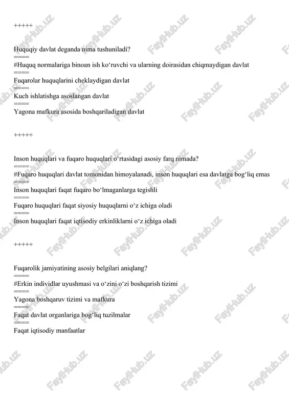 === huquqiy asos +++++ o‘zbekiston respublikasida mustaqillik qachon e’lon qilingan? ==== #1991-yil 31-avgust ==== 1990-yil 1-sentabr ==== 1991-yil 1-yanvar ==== 1992-yil 31-avgust +++++ o‘zbekistonda mustaqillikdan so‘ng qanday davlat qurish strategik maqsad sifatida belgilangan? ==== #bozor iqtisodiyotiga asoslangan demokratik davlat ==== ijtimoiy tenglikka asoslangan davlat ==== totalitar davlat ==== diniy davlat +++++ fuqarolik jamiyatining asosiy tamoyili nimadan iborat? ==== #fuqarolar manfaatlari va davlat boshqaruvining muvofiqlashtirilishi ==== davlatning barcha sohalarga aralashuvi ==== fuqaro va davlat o‘rtasidagi begonalik ==== diniy tashkilotlarning ustuvorligi +++++ o‘zbekistonda fuqarolik jamiyati institutlarining rivoji uchun qanday shart-sharoitlar yaratilgan? ==== #qonuniy asoslar va huquqiy kafolatlar ==== faqat iqtisodiy sharoitlar ==== davlat tomonidan to‘liq nazorat ==== diniy tashkilotlarning faolligi +++++ o‘zbekiston respublikasi yangi tahrirdagi konstitutsiyasi muqaddimasi qaysi gapdan boshlanadi? ==== #biz, o‘zbekistonning yagona xalqi ==== inson huquq va erkinliklari ==== demokratiya, erkinlik va tenglik, ijtimoiy adolat va birdamlik g‘oyalari ==== inson, uning hayoti, erkinligi, sha’ni va qadr-qimmati oliy qadriyatlar +++++ o‘zbekiston …