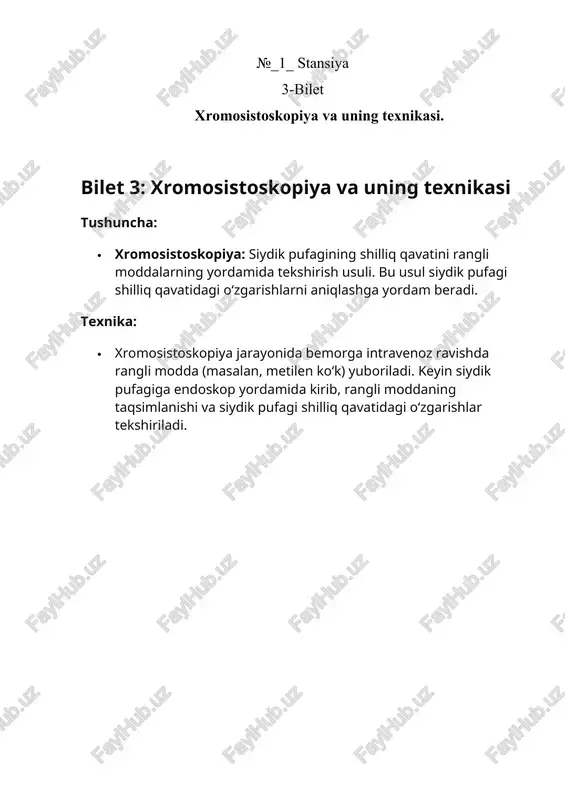 n holatlar. ijro texnikasi. asoratlar. diagnostik ahamiyati. tushuncha: · ekskretor urografiya: buyraklar va siydik yo‘llarining kontrast modda yordamida rentgen tasvirini olish usuli. ko‘rsatkichlar: · siydik yo‘llarida toshlar, obstruktsiya, shishlar yoki boshqa patologik holatlar mavjud bo‘lganda. qo‘llash mumkin bo‘lmagan holatlar: · kontrast moddalarga allergiya, buyrak yetishmovchiligi, homiladorlik. ijro texnikasi: · bemor vena ichiga kontrast modda yuboriladi va rentgen tasvirlari olinadi. asoratlar: · kontrast moddalarga allergik reaktsiyalar, buyrak funksiyasining yomonlashishi. diagnostik ahamiyati: · siydik yo‘llaridagi patologik holatlarni aniqlash va baholashga yordam beradi. buxoro davlat tibbiyot instituti urologiya, nefrologiya, gemodializ va trasplantologiya kafedrasining 6-kurs bitiruvchilari uchun urologiya fanidan yakuniy davlat attestatsiyasi savoli №_1_ stansiya 6-bilet surunkali sistit. klinika. diagnostika. davolash bilet 6: surunkali sistit. klinika. diagnostika. davolash tushuncha: · surunkali sistit: siydik pufagining uzoq muddat davom etgan yallig‘lanishi. etiopatogenez: · bakterial infektsiyalar, siydik pufagining travmalari, immun tizimi buzilishlari. klinika: · siydikda og‘riq, tez-tez siydik chiqarish, siydikda qon bo‘lishi, pastki qorin og‘rig‘i. diagnostika: · …