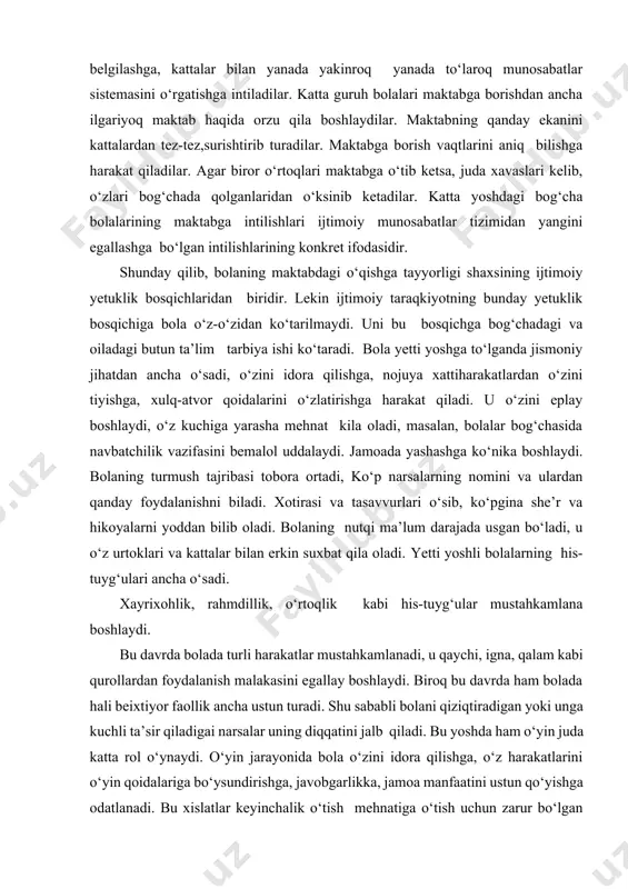ari va kattalar bilan erkin suxbat qila oladi. yetti yoshli bolalarning his-tuyg‘ulari ancha o‘sadi. xayrixohlik, rahmdillik, o‘rtoqlik kabi his-tuyg‘ular mustahkamlana boshlaydi. bu davrda bolada turli harakatlar mustahkamlanadi, u qaychi, igna, qalam kabi qurollardan foydalanish malakasini egallay boshlaydi. biroq bu davrda ham bolada hali beixtiyor faollik ancha ustun turadi. shu sababli bolani qiziqtiradigan yoki unga kuchli ta’sir qiladigai narsalar uning diqqatini jalb qiladi. bu yoshda ham o‘yin juda katta rol o‘ynaydi. o‘yin jarayonida bola o‘zini idora qilishga, o‘z harakatlarini o‘yin qoidalariga bo‘ysundirishga, javobgarlikka, jamoa manfaatini ustun qo‘yishga odatlanadi. bu xislatlar keyinchalik o‘tish mehnatiga o‘tish uchun zarur bo‘lgan xislatlardir. o‘yin jarayonida bolaning akl-idroki, zexn va boshqa psixik xususiyatlari o‘sadi. bular o‘z navbatida, bolaning maktabda o‘tishi uchun psixologik zamin tayyorlaydi. bunday zaminni tayyorlash va mustahkamlashda, albatta oilada hamda bolalar bog‘chasida olib boriladigan ta’lim tarbiya ishlari hal qiluvchi ahamiyatga egadir. yetti yoshga to‘lib, maktabga chikqan bolalarning psixik jihatdan bundan keyingi o‘sishi maktabda hamda oilada …