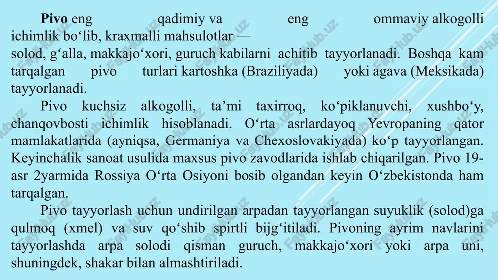 riladi. gibrid navlari. birlashtirilgan soloddan tayyorlangan. boshqa don ekinlaridan . masalan, javdar, guruch va makkajo'xori pivosi mavjud ta'm turlari bo'yicha: tetiklantiruvchi qarsillovchi; achchiq hushlantiruvchi; zich solodli; qovurilgan yong'oq-karamelli; dudlangan tutunli; kuchli mevali-ziravorli; nordonroq yoki yaxshi yetilmagan sho‘r olma kabi ta’mli. ishlab chiqaruvchi mamlakatlar bo'yicha : lagerlar germaniya va chexiyada ishlab chiqariladi; el navlari - aqsh va buyuk britaniyada; belgiya o'z-o'zidan fermentlangan lambik bilan mashhur. pivoning universal tasnifi yo'q. turli mamlakatlar ichimlikni turlarga bo'lish uchun o'z tizimlaridan foydalanadilar. pivo sifatini organoleptik tahlil qilish: rang, shaffoflik, xushbo'ylik, ta'm, achchiqlanish yaxshi pivolar bir butun birlashgan garmonik ta'm va hidga ega bo'lishi kerak. pivolarning sifatini o'rnatishning haqiqiyligini bilish uchun 2-balli sistemadan ham foydalaniladi. bunda pivoning organoleptik ko'rsatkichlari bo'yicha ballar quyidagicha taqsimlanadi. tiniligi - 3 ball rangi - 3 ball ta'mi - 5 ball xmel achchiqligi - 5 ball hidi - 4 ball ko'pirishi - 5 ball jami 25 ball pivo sifatini organoleptik tahlil qilish: …