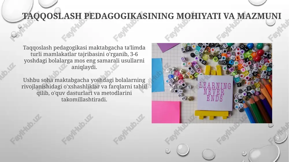 qot orqali faollashadi, bu asosiy ishonchni shakllantiradi. 4-5 yoshda ijtimoiy koʻnikmalar oʻyin faoliyati orqali rivojlanadi, tengdoshlar bilan hamkorlik va nizolarni hal qilish muhim ahamiyatga ega. pedagog kadrlarni tayyorlash va malakasini oshirish pedagog kadrlarni tayyorlashda 2020-yildan boshlab yangi o'quv rejalari joriy etilib, ularda 30% amaliy mashg'ulotlar nazarda tutilgan. malaka oshirish tizimida 3 yilda kamida 1 marta 72 soatlik o'quv kurslari tashkil etilib, 5 ta asosiy yo'nalish bo'yicha bilimlar yangilanadi. ota-onalar bilan hamkorlik shakllari ota-onalar bilan hamkorlikning "ochiq eshiklar kuni" shakli, farzandning rivojlanishidagi muhim bosqichlarni (3-4 yosh, 5-6 yosh) ta'kidlash uchun individual suhbatlar o'tkazishni o'z ichiga oladi. pedagogik konsultatsiyalar ota-onalarga farzand tarbiyasidagi 5 asosiy masalani (xulq-atvor, o'qish, ijtimoiy moslashuv) hal qilishda yordam beradi, individual yondashuvni ta'minlaydi. maktabgacha ta'limni moliyalashtirish: qiyosiy aspektlar maktabgacha ta'limni moliyalashtirishda yaimdan ajratiladigan ulushlar har xil mamlakatlarda sezilarli farq qiladi, baʼzi davlatlarda 0.5% dan, boshqalarida 2% gacha. ushbu farqlar davlatning ustuvorliklarini aks ettiradi. oecd davlatlari tajribasi shuni ko‘rsatadiki, maktabgacha …