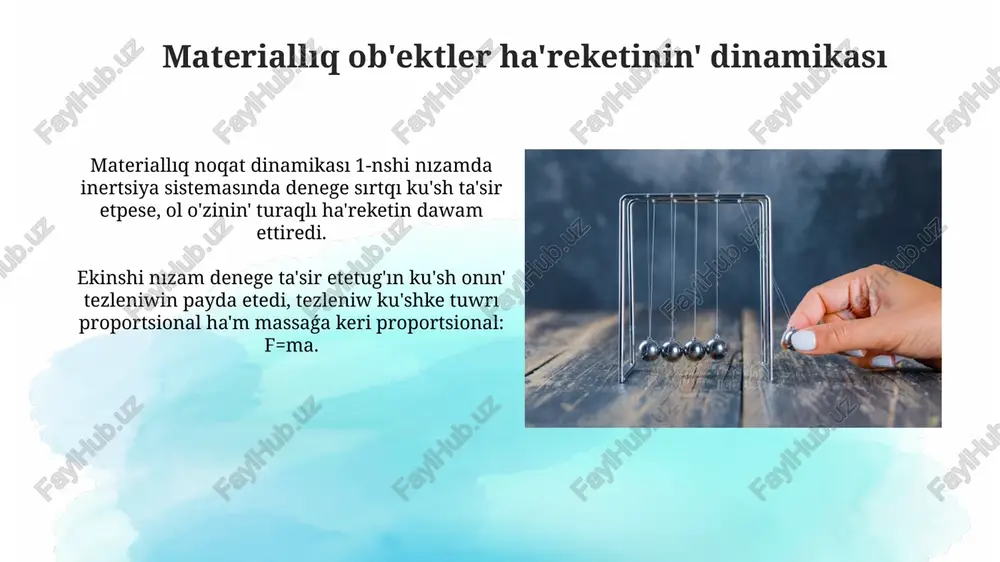 ı. úykelis kúshiniń túrleri bar: statikalıq úykelis (háreket baslanbay turıp), dinamikalıq úykelis (háreket waqtında), sıǵılıspalı úykelis, olar úshin úykelis koeficienti (μ) 0 menen 1 arasında boladı. impul's ha'm impul's saqlanıw nızamı impulstiń ózgeriwi deneniń háreket múlsheriniń ózgeriwine teń, ol deneden tásir etken kúsh impulsi menen belgilenedi hám nyutonnıń ekinshi nızamınan kelip shıǵadı. impulstiń saqlanıw nızamı, jabıq sistemada denelerdiń óz-ara tásiri nátiyjesinde sistema impulsi ózgermeydi, yaǵnıy háreket múlsheriniń vektorlıq jıyındısı konstanta bolıp qalıwın ańlatadı. energiya ha'm energiya saqlanıw nızamı energiya saqlanıw nızamı – izolyatsiyalangan sistemada toliq energiya waqıt dawamında ózgermeydi, bir túrden ekinshi túrge ótiwi múmkin, bıraq ulıwma muǵdarı turaqlı bolıp qala beredi. kinetik energiya – deneniń háreketin táripleydi hám massa menen tezlik kvadratına tuwrı proporcional, e = 1/2 * m * v^2 formılası arqalı anıqlanadı. klassikalıq mexanikanın' qollanıw shegaraları klassikalıq mexanika atomlardan kishi bolg'an ob'ektlerdi, maselen, elektronlardı yamasa atom yadroların siypatlawda jetkiliksiz bolıp, kvantlıq mexanika talap etiledi, sebebi energiya diskretlene …
