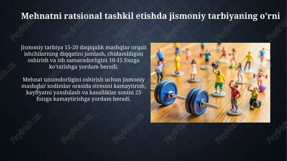 di, bu esa kognitiv funksiyalarni, shu jumladan diqqatni 15-20% ga yaxshilashga yordam beradi. jamoada jismoniy tarbiya tadbirlarini tashkil etish jamoada jismoniy tarbiya tadbirlari ertalabki badantarbiyani, ish vaqtida 10-15 daqiqalik tanaffuslarda jismoniy mashqlarni hamda ishdan so'ng sport to'garaklarini tashkil etishni o'z ichiga oladi. jismoniy tarbiya tadbirlari xodimlarning sog'lig'ini mustahkamlash, mehnat unumdorligini oshirish va jamoada ijobiy psixologik muhitni yaratishga qaratilgan bo'lishi kerak. minimal xarajatlar bilan optimal natijalarga erishish maqsad qilinadi. xodimlar salomatligini mustahkamlash ish joyidagi ergonomikani yaxshilash orqali xodimlarda kasbiy kasalliklarning 15-20% kamayishiga erishish va ularning ish unumdorligini oshirish mumkin. muntazam jismoniy mashqlar va sog'lom ovqatlanish dasturlari xodimlarning umumiy salomatligini 30% gacha yaxshilaydi, bu esa ishga chiqmaslikni kamaytiradi. jismoniy tarbiya va kasalliklarning oldini olish jismoniy mashqlar yurak-qon tomir kasalliklari xavfini kamaytiradi, qon bosimini 10-15 mm simob ustuniga tushiradi va xolesterin darajasini normallashtiradi. muntazam jismoniy faollik 2-toifa diabetning oldini olishga yordam beradi, insulin sezgirligini 25-30 foizga oshiradi va glyukoza metabolizmini yaxshilaydi. korporativ jismoniy …