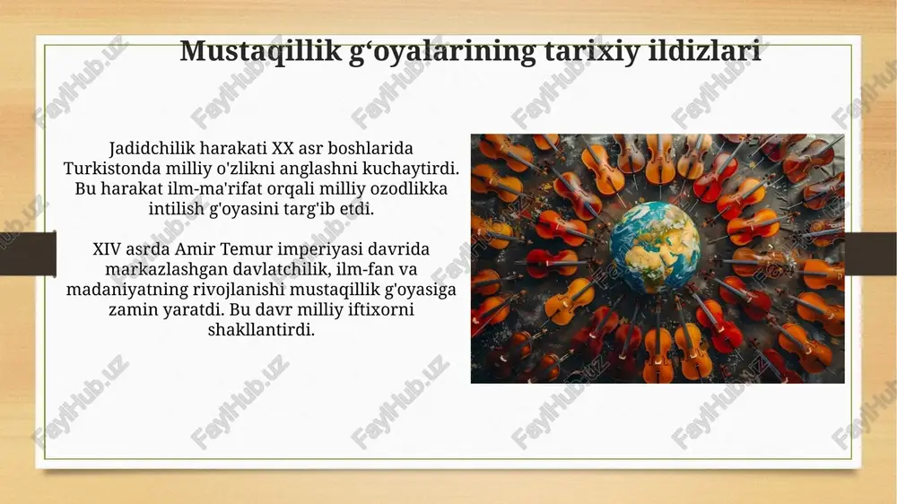 vvatlaganini ko'rsatdi, bu esa o'z taqdirini o'zi belgilash istagini anglatardi. mustaqillikning e’lon qilinishi: ichki va tashqi omillar 1991-yil avgustdagi moskvadagi davlat to'ntarishiga urinish, o'zbekistonda mustaqillik e'lon qilinishi uchun katalizator bo'ldi, bu ichki siyosiy beqarorlikni tezlashtirdi. ittifoq respublikalaridagi iqtisodiy tanazzul va markazlashgan boshqaruvning samarasizligi, o'zbekiston xalqining o'z taqdirini o'zi belgilash istagini kuchaytirdi. siyosiy partiyalar va harakatlarning roli "birlik" xalq harakati 1989-yilda milliy oʻzlikni anglash va mustaqillikka intilishda muhim rol oʻynadi, ayniqsa 1990-yillardagi saylovlarda faol ishtirok etdi. oʻzbekiston xalq demokratik partiyasi (oʻxdp) 1991-yilda tashkil topgan boʻlib, sobiq kommunistik partiya negizida tuzilgan va siyosiy sahnada asosiy kuchga aylandi. iqtisodiy vaziyat va islohotlarga zarurat 1980-yillarda paxta yakkahokimligi sababli respublika iqtisodiyoti qoloqlashdi, bu esa mustaqillikdan oldin chuqur islohotlar o'tkazish zaruratini keltirib chiqardi. sanoatning rivojlanmaganligi, asosan, xomashyoga yo'naltirilganligi va tovar taqchilligi 1991-yilga kelib bozor munosabatlariga o'tishni tezlashtirdi. mustaqillikka erishishdagi ziyolilarning o‘rni ziyolilar xx asr boshida jadidchilik harakati orqali milliy o'zlikni anglash, ma'rifatni yoyish va ijtimoiy-siyosiy faollikni …