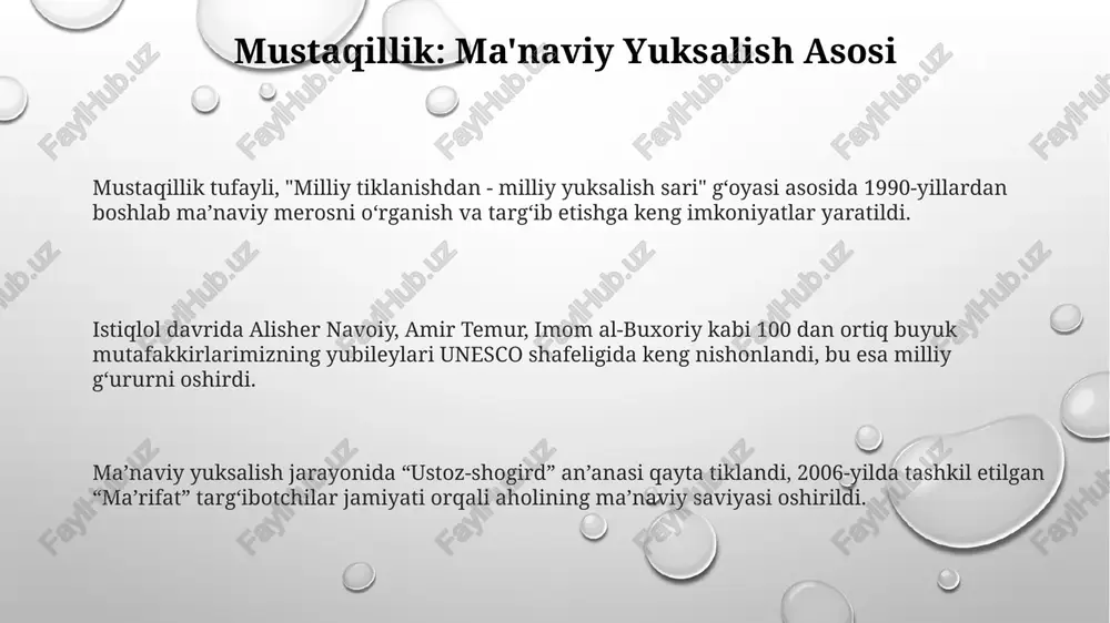 shi asari» tanlovi 2006-yilda taʼsis etildi. madaniyat muassasalarining faoliyati 2000 dan ziyod kutubxona faoliyat yuritadi, ularning fondida millionlab kitoblar mavjud boʻlib, aholining maʼnaviy ehtiyojlarini qondirishga qaratilgan. mustaqillik yillarida 100 dan ortiq yangi muzeylar tashkil etildi, ular orasida temuriylar tarixi davlat muzeyi va oʻzbekiston davlat sanʼat muzeyi bor. madaniyat markazlari soni 500 dan oshdi, ular turli tadbirlar, master-klasslar oʻtkazish orqali xalq ijodiyotini rivojlantirishga hissa qoʻshadilar. ommaviy axborot vositalarining roli ommaviy axborot vositalari 1991-yildan so'ng erkinlashib, 100 dan ortiq gazeta va jurnallar tashkil etildi, bu esa turli fikrlarni ifodalash imkonini berdi. mustaqillik davrida oav madaniy merosni targ'ib qilishda muhim rol o'ynadi, jumladan, 50 dan ziyod hujjatli film va ko'rsatuvlar yaratildi. televidenie va radio kanallari soni 20 dan oshib, milliy seriallar va ko'rsatuvlar orqali 30 yillik milliy g'oyani shakllantirishda faol ishtirok etdi. yoshlarning ma'naviy tarbiyasi mustaqillik davrida "kamolot" yoih kabi 10 dan ortiq yoshlar tashkilotlari faoliyati orqali yoshlarning ma'naviy barkamol avlod bo'lib yetishishiga …