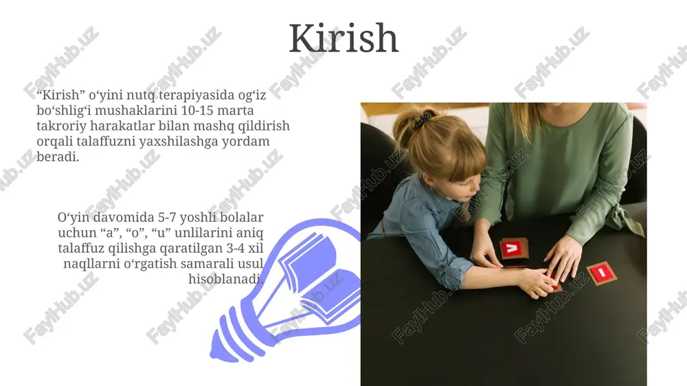 g, ularning qisqa muddatli diqqati uchun oddiy, takrorlanuvchi harakatlarni o'z ichiga oling. har bir bolaning 5 ta asosiy rivojlanish sohasini (motorika, kognitiv, ijtimoiy-emotsional, til, moslashuvchanlik) hisobga olib, o'yinlarni maqsadli ravishda tuzish muhim. baholash va kuzatuv 01 02 baholash, nutqning erta rivojlanishidagi muammolarni aniqlashga yordam beradi, 0-3 yoshdagi bolalarda kuzatiladigan 10 ta asosiy ko'rsatkichni monitoring qilish orqali amalga oshiriladi. sales 1st qtr 2nd qtr 100 0 sales 1st qtr 2nd qtr 100 0 muvaffaqiyatli o'yinlarning misollari «qo'g'irchoq teatri» o'yini orqali 3-4 yoshdagi bolalar harakatlarni boshqarib, tovushlarni aniq talaffuz qilishni mashq qilishadi, bu nutq rivojlanishida muhim omildir. 5-6 yoshli bolalar uchun «so'zlar poygasi» o'yini orqali so'z boyligini oshirish va 2-3 bo'g'inli so'zlarni tez va to'g'ri talaffuz qilishni o'rgatish mumkin. savol-javob "savol-javob" – bu oʻzbek tilida "savol-javob" degan maʼnoni anglatadi, bunda bolalar tezkor 1 yoki 2 soʻzli javoblar bilan savollarga javob berishni oʻrganadilar. "savol-javob" oʻyinlari orqali 3-5 yoshdagi bolalar nutqning ritmi, ohangi va …