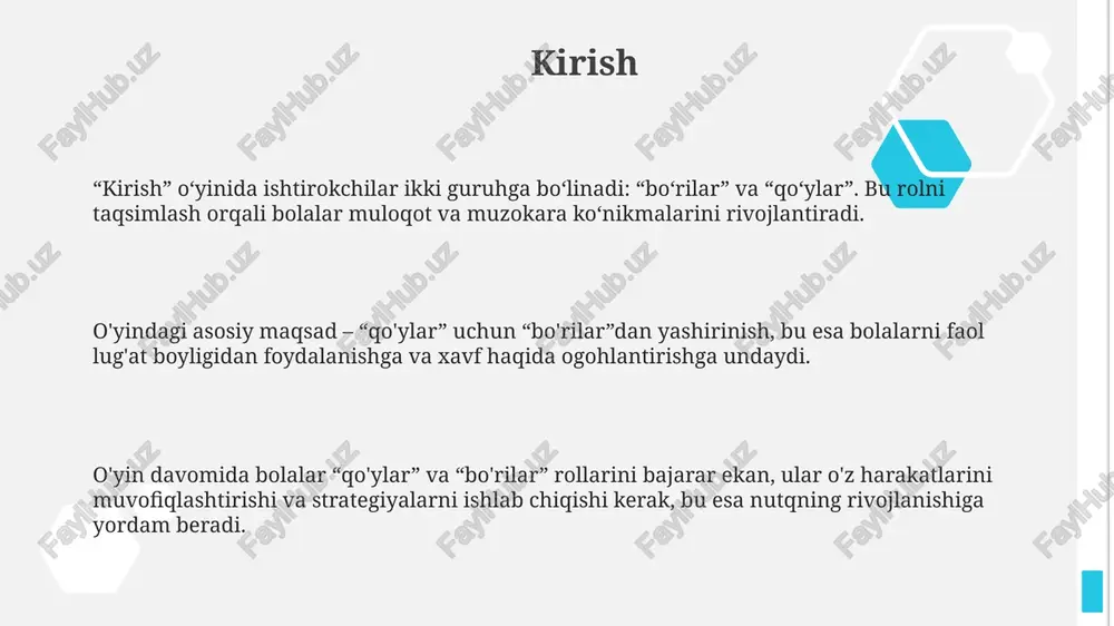 ?” o'yini orqali, mavzuga oid 10-15 ta so'zni topishni rag'batlantiradi, bu esa xotirani mustahkamlaydi. “lug'at boyitish mashqlari” bolalarning so'z boyligini 300-500 ta so'zga ko'paytirishga yordam beradi, bu orqali nutq rivojlanishining 2-3 bosqichini o'tish tezlashadi. maxsus tuzilgan “so'zlar banki” 50 dan ortiq mavzuni qamrab oladi va har bir mavzu bo'yicha 20-30 ta so'zni o'z ichiga oladi, bu esa o'quv jarayonini optimallashtiradi. talaffuz ustida ishlash “talaffuz ustida ishlash”da fonetik tahlil muhim: 44 ta tovushni to‘g‘ri talaffuz qilish, so‘zlarning 12 bo‘g‘inli tuzilishini aniqlashda yordam beradi. o‘yinlar orqali talaffuzni rivojlantirish 3 asosiy bosqichda amalga oshiriladi: tayyorgarlik, talaffuz mashqlari va mustahkamlash, 5 marta takrorlash lozim. talaffuz ustida ishlashda 2 xil metoddan foydalanish mumkin: artikulyatsion mashqlar, bu 10 ta turli xildagi mashqlarni o'z ichiga oladi va nutqiy materiallar bilan ishlash. grammatikani mustahkamlash “grammatikani mustahkamlash” orqali nutq o‘stirishda, gap tuzilishining 3 asosiy elementi – ega, kesim va to‘ldiruvchi munosabatini tushunish muhim rol o‘ynaydi. “grammatikani mustahkamlash” 7 yoshdan …