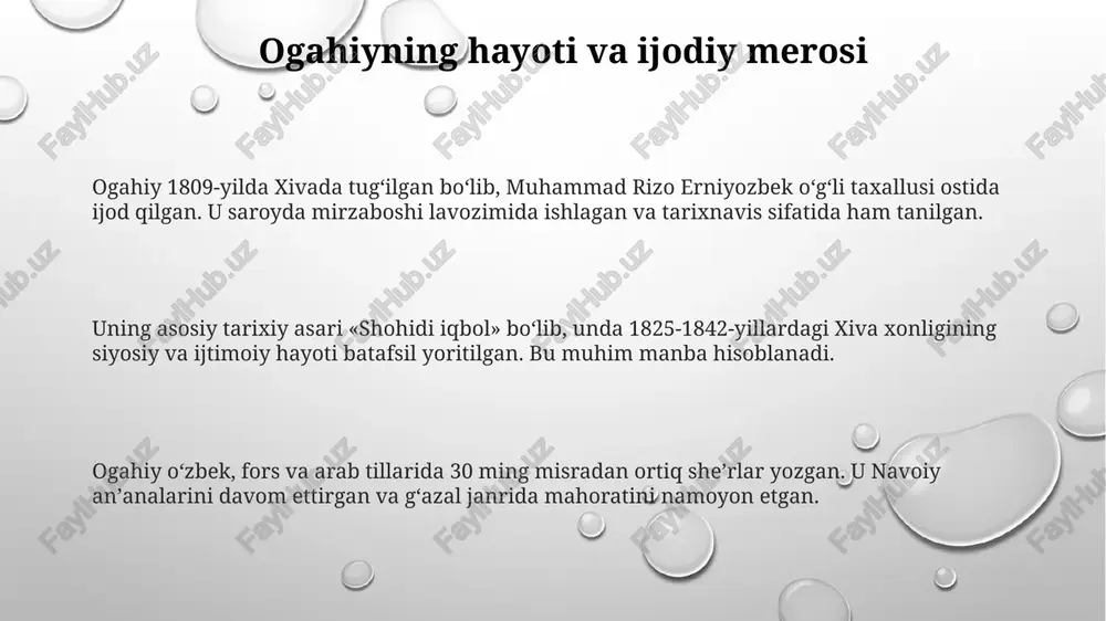 gorlik hamdir. unda ogahiyning poetik mahorati va tarixiy voqealarga bo'lgan shaxsiy munosabati namoyon bo'lgan. ogahiyning «riyoz ud-davla» asari: davlat boshqaruvi masalalari ogahiy asarida soliq yigʻishning 5 usuli, xazina boshqaruvi va davlat xizmatchilarining 7 vazifasi kabi aniq koʻrsatmalar berilgan. «riyoz ud-davla» asarida davlat boshqaruvi masalalari 12 bobda yoritilgan boʻlib, adolat, kengash, va sadoqat kabi 3 asosiy tamoyilga urgʻu berilgan. «riyoz ud-davla»da podshohning 9 fazilati, jumladan, bilimdonlik, shafqatlilik, va xalq manfaatini oʻylash kabi jihatlar tahlil qilingan. ogahiyning tarjimalarida badiiylik va aniqlik muammosi ogahiy tarjimalarida aniqlik masalasi ko'pincha arabcha va forscha so'zlarning o'zbek tiliga moslashuvidagi nozikliklar bilan bog'liq, bu esa 19-asr adabiyotining xususiyati edi. ogahiyning tarjimalarida badiiylikning namoyon bo'lishi, ayniqsa, she'riy shakllarni saqlashga urinishda ko'rinadi, garchi ba'zan bu aniqlikka zarar yetkazishi mumkin edi. tarjima jarayonida ogahiy matnning ma'nosini yetkazish bilan birga, uning estetik qiymatini ham saqlab qolishga harakat qildi, bu esa muayyan badiiy muammolarni keltirib chiqardi. ogahiy tarjimalarining o'zbek adabiy tiliga ta'siri ogahiyning …