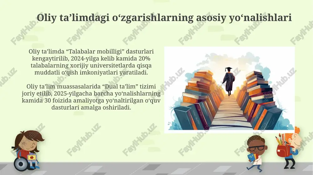 xususiy sherikchilik (dxsh) investitsiyalarni jalb etish orqali ta’lim infratuzilmasini, masalan, yangi kampuslarni qurish va mavjudlarini modernizatsiya qilishni tezlashtiradi. dxsh oliy ta’lim muassasalariga o‘quv dasturlarini ish beruvchilarning ehtiyojlariga moslashtirishga yordam beradi, amaliy ko‘nikmalarga urg‘u bergan holda, ishga joylashishni oshiradi. moliyalashtirish manbalarining diversifikatsiyasi universitetlar davlat grantlariga qaramlikni kamaytirish uchun korporativ hamkorlikni rivojlantirishi, tadqiqot loyihalaridan olingan daromadlarni oshirishi va xayriya mablag'larini jalb qilishi zarur. o'quv to'lovlaridan tashqari, oliy ta'lim muassasalari intellektual mulkni tijoratlashtirish, maslahat xizmatlari va professional ta'lim dasturlarini taklif qilish orqali qo'shimcha mablag' olishi mumkin. oliy taʼlim sifatini baholash tizimlari oliy taʼlim sifatini baholash tizimlari talabalarning muvaffaqiyatini aniqlash uchun 1 dan 100 gacha boʻlgan ball tizimidan foydalanishi mumkin, bu esa oʻquv dasturini takomillashtirishga yordam beradi. baholash tizimlari, masalan, milliy akkreditatsiya standartlari 5 ta asosiy mezon boʻyicha universitetlarni baholaydi, shu jumladan oʻqituvchilarning malakasi va ilmiy faoliyati. e'tiboringiz uchun rahmat image6.png image7.jpg image8.jpg image9.jpg image10.jpg image11.jpg image12.jpg image13.jpg image14.jpg image15.jpg image16.jpg image17.jpg image18.jpg image1.png