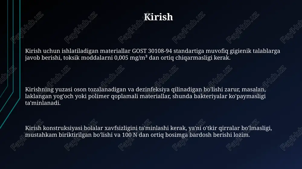 g vazndagi bola uchun sumkaning maksimal vazni 3-4,5 kg bo'lishi lozim. o'quv qurollarining ergonomik o'lchamlari muhim; stolning balandligi tirsakdan 2-3 sm pastroq bo'lishi, stulning chuqurligi son uzunligining 2/3 qismiga teng bo'lishi kerak. ergonomik xususiyatlar ruchka va qalamlar uchburchak shaklida bo'lishi afzal, bu bolaning qo'li erta charchashini oldini oladi va to'g'ri ushlashga yordam beradi. maktab anjomlarining vazni o'quvchining tana vaznining 10-15% dan oshmasligi kerak, bu bolaning umurtqa pog'onasiga haddan tashqari yuk tushishining oldini oladi. maktab partalari bolaning bo'yi va yoshiga mos bo'lishi zarur, ya'ni tirsak 90 gradus burchak ostida joylashishi kerak, bu durust o'tirishni ta'minlaydi. o'tkir qirralar va burchaklar yo'qligi o'quv qurollarining dizaynida o'tkir qirralar va burchaklar bo'lmasligi kerak, chunki ular 90 gradusdan kam burchak hosil qilib, terini shikastlashi yoki jiddiy jarohatlarga olib kelishi mumkin. xavfsizlik nuqtai nazaridan, o'quv qurollarining barcha qirralari va burchaklari kamida 2 millimetr radiusga ega bo'lishi lozim, bu esa bolalarning tasodifiy shikastlanish xavfini kamaytiradi. agar o'tkir qirralar …