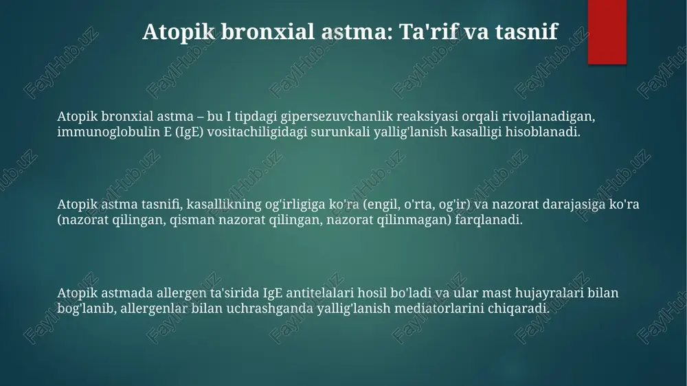 am bo'lsa, bu hayot uchun xavfli og'ir xuruj deb baholanadi. og'ir xurujlarda, qo'shimcha belgilar orasida tez yurak urishi (taxikardiya, minutiga 120 dan ortiq urish), nafash olish tezligining oshishi (minutiga 30 dan ortiq nafash) kuzatilishi mumkin. jismoniy tekshiruv natijalari o'pkada auskultatsiya paytida 60-70% hollarda quruq hushtaksimon xirillashlar eshitiladi, ular ayniqsa nafas chiqarishda yaqqol seziladi, ba'zan 1-2 lokal nuqtalarda. jismoniy tekshiruvda 30-40% hollarda nafas olish qiyinlashuvi aniqlanadi, nafas chiqarish davri cho'ziladi va 12-18 nafas olish soni ko'payishi mumkin. perkussiya paytida o'pka tovushining qutisimon xususiyati aniqlanadi, bu alveolalarda havo ushlanib qolishini ko'rsatadi, bu holat 85% astma bemorlarida kuzatiladi. astma diagnostikasi: umumiy ma'lumot astma diagnostikasida spirometriya fev1 (1 soniyada majburiy chiqarish hajmi) va fvc (majburiy vital sig'im) nisbatini aniqlash orqali obstruktiv nafas olish buzilishlarini baholash uchun muhimdir. allergik astma tashxisida terini tekshirish yoki qon testlari (ige darajasi) allergenlarni aniqlashga yordam beradi, bunda bemorning reaksiyasi aniqlanadi va terapiya individual tarzda tuziladi. bronxial astma tashxisida nafas …