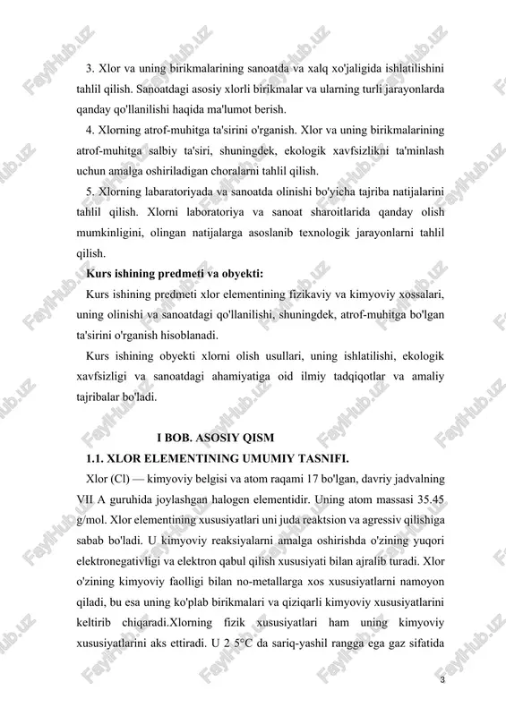 dir. uning atom massasi 35.45 g/mol. xlor elementining xususiyatlari uni juda reaktsion va agressiv qilishiga sabab bo'ladi. u kimyoviy reaksiyalarni amalga oshirishda o'zining yuqori elektronegativligi va elektron qabul qilish xususiyati bilan ajralib turadi. xlor o'zining kimyoviy faolligi bilan no-metallarga xos xususiyatlarni namoyon qiladi, bu esa uning ko'plab birikmalari va qiziqarli kimyoviy xususiyatlarini keltirib chiqaradi.xlorning fizik xususiyatlari ham uning kimyoviy xususiyatlarini aks ettiradi. u 2 5°c da sariq-yashil rangga ega gaz sifatida mavjud bo'lib, kuchli, nozik hidga ega. xlor o'zining halogenlar oilasiga mansub bo'lgani uchun boshqa halogenlar kabi osonlik bilan boshqa elementlar bilan reaksiyaga kirishadi. shu bilan birga, xlor o'zining no-metall xususiyatlarini namoyon etib, kislotalar hosil qiladi, eng mashhuri esa hidroklorik kislota (hcl)dir. xlorning kislotalik xossasi ko'plab kimyoviy reaksiyalarda, masalan, metall bilan reaksiyaga kirishda yoki suvda erishda namoyon bo'ladi. xlorning kimyoviy reaksiyalari turlicha va juda ko'p, ular orasida oksidlanish-reduksion reaksiyalar ham keng tarqalgan. xlor, o'zining halogen sifatida, juda kuchli oksidlovchi moddadir …