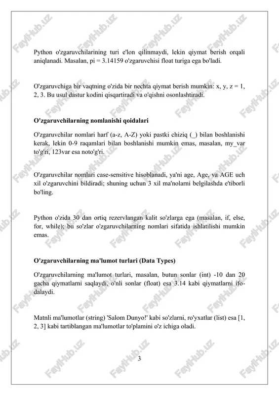 . misol uchun, '5 > 3' kabi solishtirish natijasi true qiymatini qaytaradi, bu dasturda mantiqiy qarorlar qabul qilishga yordam beradi. boolean qiymatlari 'and', 'or', 'not' kabi mantiqiy operatorlar bilan birgalikda murakkab shartlarni tuzish uchun ishlatiladi. 'true and false' ifodasi 0 ni, ya'ni false ni beradi. o'zgaruvchilar qiymatini o'zgartirish o'zgaruvchiga yangi qiymat berish uchun, '=' operatoridan foydalaniladi; misol uchun, x = 10 iborasi x o'zgaruvchisining qiymatini 10 ga o'zgartiradi, avvalgi qiymatini bekor qiladi. inkrement va dekrement amallari += va -= operatorlari orqali amalga oshiriladi; y += 5 y ning qiymatini 5 ga oshiradi, bu esa y = y + 5 bilan teng. bir nechta o'zgaruvchiga bir vaqtning o'zida qiymat berish mumkin: a, b, c = 1, 2, 3 kabi; bu yerda a 1 ga, b 2 ga va c 3 ga tenglashtiriladi. o'zgaruvchilarni chop etish (printing) print() funksiyasi python'da o'zgaruvchilarning qiymatini ekranga chiqarish uchun ishlatiladi. masalan, print(x) x o'zgaruvchisining qiymatini chop …
