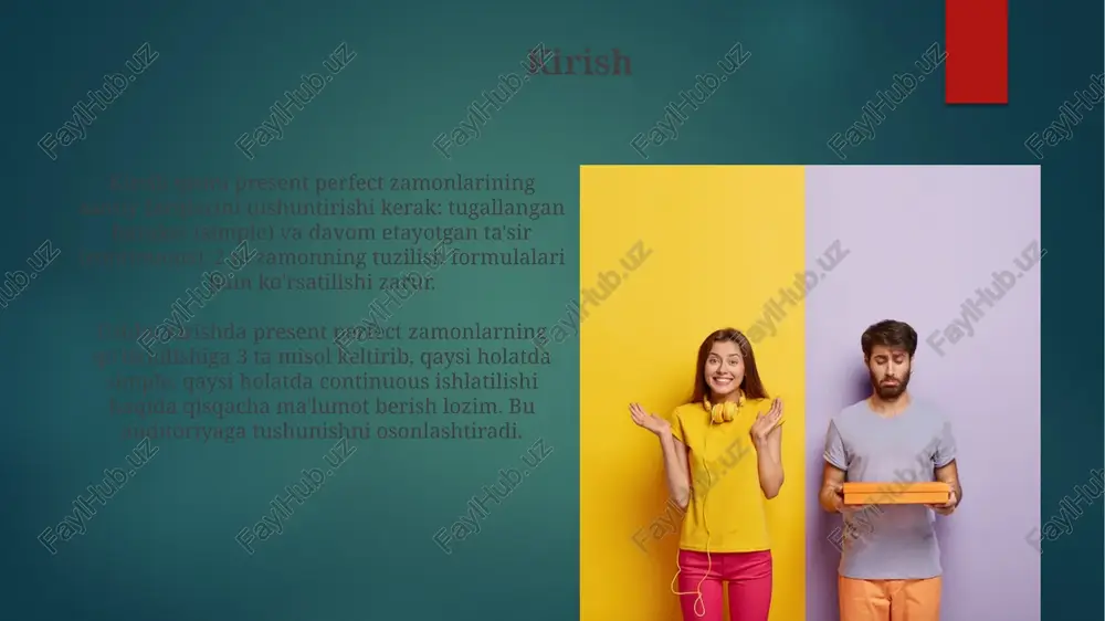 , "men 3ta kitob o‘qidim," natija 3ta kitob o‘qilganligi vaqt muhim emas. present perfect simple hayot tajribasini ifodalaydi: masalan, "men hech qachon yaponiyada bo‘lmaganman," degan gapda, tajriba (yaponiyada bo‘lmaslik) haqida ma'lumot beriladi. holatlar: present perfect continuous present perfect continuous holatida, faoliyatning davomiyligiga e'tibor qaratiladi, masalan, 'i have been working for 3 hours', bu yerda 3 soat davomida ishlaganlik urg'ulanadi. present perfect continuous ko'pincha 'since' va 'for' kabi vaqt belgilari bilan ishlatiladi, bu harakatning qachondan beri davom etayotganini ko'rsatadi, misol uchun, 'she has been studying since 8 am'. mashqlar va misollar mashqlar odatda vaziyatning yakunlanganligini yoki yakunlanmaganligini aniqlashga qaratilgan, masalan, 'men 3 ta kitob o'qidim' (tugallangan) va 'men 3 soatdan beri o'qiyapman' (davom etayotgan). misollar present perfect simple bilan 'he has written 5 letters' (natija muhim) kabi aniq natijalarni ko'rsatadi, present perfect continuous esa 'he has been writing letters all day' (jarayon muhim) kabi jarayonni ta'kidlaydi. xulosa "xulosa" qismi, taqdimotning yakuniy …