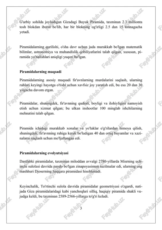 i. arxeologik qazishmalar davomida ishchilar shaharchalari topilgan, ular yaxshi tashkil etilgan, uy-joy, oshxona, kasalxona kabi binolar bilan jihozlangan, bu esa 5000 ga yaqin ishchining turmush tarzini ta'minlagan. ishchilarning suyaklarida artrit va boshqa kasalliklar kuzatilgan, bu ularning og'ir yuklarni tashish va kuniga 10-12 soatdan ko'proq ishlash bilan bog'liq bo'lgan jismoniy zo'riqishlaridan dalolat beradi. piramidalar ichida nima bor? piramidalarning ichida fir'avnning mumiyasi joylashgan bo'lib, u keyingi hayotda foydalanish uchun ko'plab qimmatbaho buyumlar, zargarlik buyumlari va mebellar bilan birga qo'yilgan. ba'zi piramidalarda fir'avn oila a'zolari, masalan, xotinlari yoki yaqin qarindoshlarining dafn xonalari bo'lishi mumkin, bu esa ularning piramida majmuasidagi maqomini ko'rsatadi. piramidalarda dahlizlar, kameralar va tuzoqlarning murakkab tizimi mavjud bo'lib, ular o'g'rilarni chalg'itish va maqbarani himoya qilish uchun mo'ljallangan, bu esa o'sha davrdagi muhandislikni namoyon etadi. piramidalar atrofidagi afsonalar va mistikalar ko'plab afsonalarda piramidalar ichida maxfiy xonalar va o'tish joylari mavjud bo'lib, ular ulkan bilimlarni yoki farzandlar xazinalarini saqlaydi, bu 13 ta ilohiy …