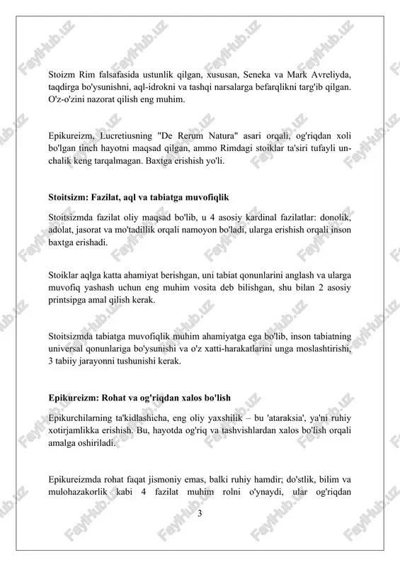 ergiliyning 'eneida'sida, rimning imperatorlik shon-shuhrati va uning jahon sivilizatsiyasidagi roli 12 kitob davomida ulug'langan. seneka asarlarida stoitsizm falsafasi keng yoritilgan, bunda 4 asosiy fazilat – donolik, adolat, jasorat va o'zini tuta bilishga alohida e'tibor qaratilgan. san'at va arxitektura orqali ifodalangan g'oyalar rim haykaltaroshligi realizmga urg'u berib, ko'pincha imperatorlarning 1:1 o'lchamdagi haykallarini yaratgan, bu esa ularning hokimiyatini va ideallarini namoyish etgan. rim arxitekturasida g'oyalar ulkanlik va amaliylik bilan ifodalangan; masalan, kolizey 50 000 tomoshabinni sig'dira olgan va muhandislik mo'jizasi bo'lgan. rim san'atida, xususan, devoriy rasmlarda kundalik hayot tasvirlangan, shu bilan birga mitologik sahnalar va siyosiy targ'ibot 1-asrdan boshlab keng tarqalgan edi. din va mifologiya: ma'naviy dunyoqarash qadimgi rim dini ko'pxudolikka asoslangan bo'lib, xudolar odamlarning hayoti va taqdiriga bevosita ta'sir etuvchi 12 asosiy xudodan iborat panteonni o'z ichiga olgan. rim mifologiyasi yunon mifologiyasiga katta ta'sir ko'rsatgan, ko'plab xudolar yunon xudolarining rimcha talqinlari bo'lgan, masalan, zevs - yupiter va afina - minerva. rimliklar …