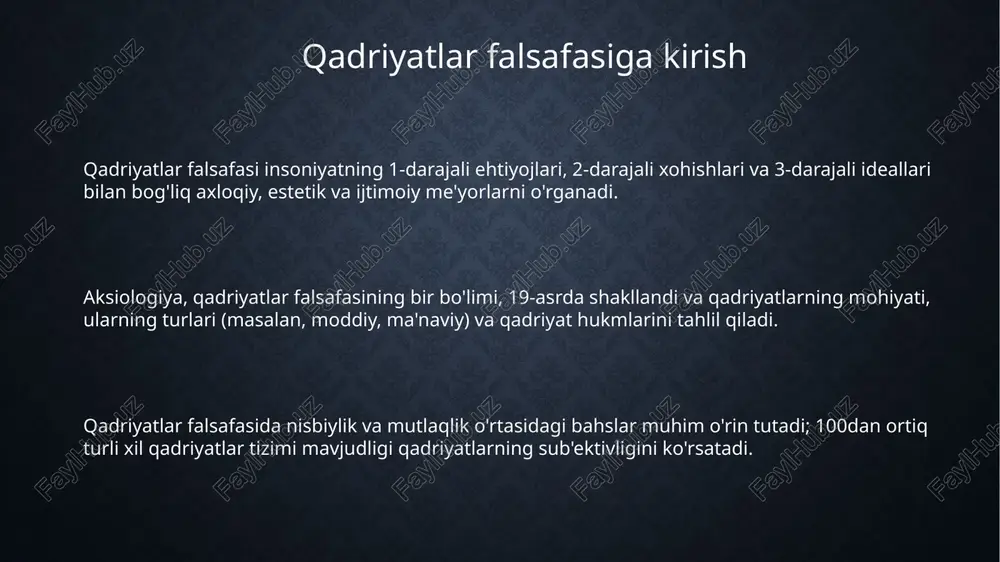 ta'sirlarni kuchaytirib, gibrid qadriyatlarga olib keldi; masalan, mahalliy an'analarning global iste'mol tendentsiyalari bilan uyg'unlashuvi namunalari bunga misol bo'la oladi. qadriyatlar falsafasining asosiy yo'nalishlari ikkinchi yo'nalish, obyektivizm, qadriyatlar 5+5=10 kabi, inson ongidan tashqarida mavjud bo'lgan 2 ta xaqiqat ekanligini ta'kidlaydi. aksiologiyaning birinchi asosiy yo'nalishi, subyektivizm, qadriyatlarni 100% inson his-tuyg'ulari va shaxsiy preferensiyalarining mahsuli deb hisoblaydi. uchinchi muhim yo'nalish - relativizm. bu qadriyatlar madaniyat va jamiyatga bog'liq o'zgaruvchan hodisa, masalan, 3 ta qadriyat tizimi orqali, deb hisoblaydi. qadriyatlar falsafasining dolzarb muammolari zamonaviy globallashuv sharoitida madaniy xilma-xillikni saqlash va milliy qadriyatlarni himoya qilishning nazariy asoslari va amaliy mexanizmlarini ishlab chiqish dolzarbdir. texnologik taraqqiyotning axloqiy va ekologik oqibatlarini baholash, sun'iy intellektning qadriyatlarga ta'sirini o'rganish, bioetik muammolarga yechim topish muhim ahamiyatga ega. ijtimoiy adolat, tenglik, inklyuzivlik kabi universal qadriyatlarni targ'ib qilish, radikalizm va ekstremizmga qarshi kurashda qadriyat yo'nalishlarini aniqlash ham dolzarb masaladir. e'tiboringiz uchun rahmat image2.png