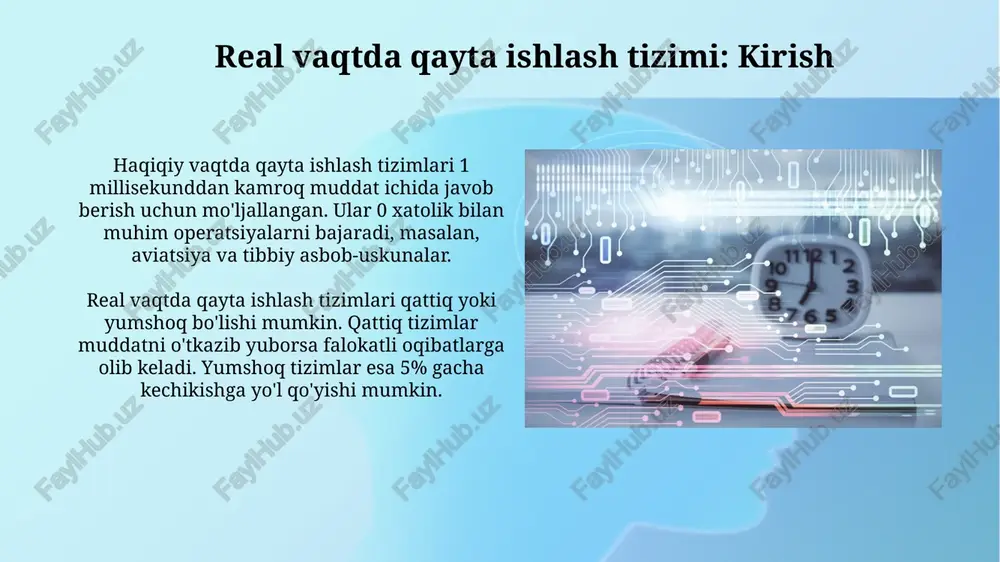 crum) real vaqt tizimlarida iterativ rivojlanish va tezkor javob berish imkoniyatini beradi, lekin qat'iy vaqt cheklovlari 99.999% ishonchlilik bilan kafolatlanishi zarur. modelga asoslangan dasturiy ta'minotni ishlab chiqish (mdd) uml kabi vizual tillardan foydalanib, tizimning xatti-harakatini aniq modellaydi, bu esa simulyatsiya va 10^-6 darajadagi xatolarni erta aniqlashga yordam beradi. real vaqtda tizimlarni sinovdan o'tkazish va tekshirish real vaqt tizimlarini sinovdan o'tkazishda vaqt cheklashlari muhim ahamiyatga ega; 99.999% ishonchlilikni ta'minlash uchun aniq vaqt davrlarida javob berish talab etiladi. simulyatsiya muhitlari real vaqt tizimlarini sinovdan o'tkazish uchun kerak; tizimning 1000000+ senariyda xatti-harakatini tekshirish mumkin, bu esa xatoliklarni aniqlashga yordam beradi. real vaqtda tizimlarning ilovalari avtomobilsozlikda, real vaqtda ishlaydigan tizimlar abs (tormozga qarshi blokirovka tizimi) va dvigatel boshqaruv bloklari (ecu) kabi xavfsizlik muhim funksiyalarini 1 millisekund ichida boshqarish uchun zarur. sanoat avtomatlashtirishda robototexnika va konveyer tizimlari 100 mikrosekundgacha bo'lgan aniqlikda harakatlarni sinxronlashtirish va nazorat qilish uchun real vaqtda tizimlarga tayanadi, mahsulot sifatini yaxshilaydi. kelajak …