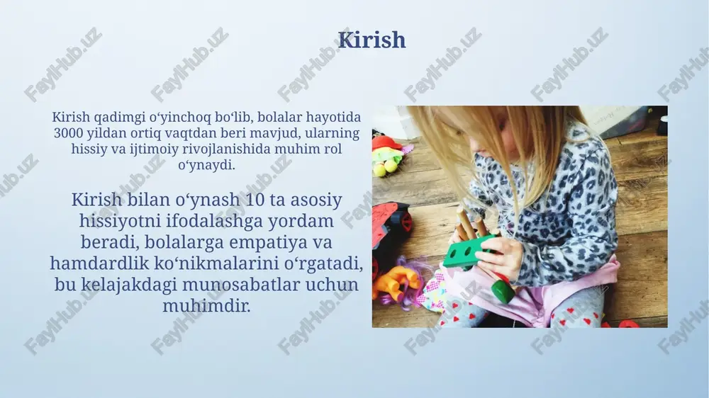 ivojlantiradi, bunda kiyim almashtirish 12 ta mushak guruhini ishga soladi. qo'g'irchoq bilan o'ynash paytida bola 7 xil harakatni (ushlash, burish, bosish) takrorlash orqali koordinatsiyani yaxshilaydi va 9 ta asosiy motorika ko'nikmasini mustahkamlaydi. ota-ona va bola o'rtasidagi munosabatlarni mustahkamlash o'yinchoqlar orqali farzandingiz bilan birgalikda ijodiy hikoyalar yaratish, ularning tasavvurini rivojlantirish bilan birga 15-20 daqiqa davomida suhbat qurish, munosabatlarni mustahkamlaydi. qo'g'irchoqlar bilan o'ynash, ayniqsa, bolaning hissiyoti va ehtiyojlarini aks ettiruvchi stsenariylarni yaratish, ota-onalarga bolaning ichki dunyosini tushunishga 25-30% yordam beradi. xulosa xulosa shuni ko'rsatadiki, 70% bolalar qo'g'irchoqlar bilan o'ynash orqali empatiya va ijtimoiy ko'nikmalarni rivojlantiradilar, bu esa kognitiv o'sishning muhim omili hisoblanadi. tadqiqotlar natijalariga ko'ra, qo'g'irchoq o'yinlari orqali ijodkorlik 85% ga oshadi, bu esa bolaning muammolarni hal qilish qobiliyatiga bevosita ta'sir qiladi. e'tiboringiz uchun rahmat image4.png image5.png image6.jpg image7.jpg image8.jpg image9.jpg image10.jpg image11.jpg image12.jpg image13.jpg image14.jpg image15.jpg image16.jpg image17.jpg image1.jpeg