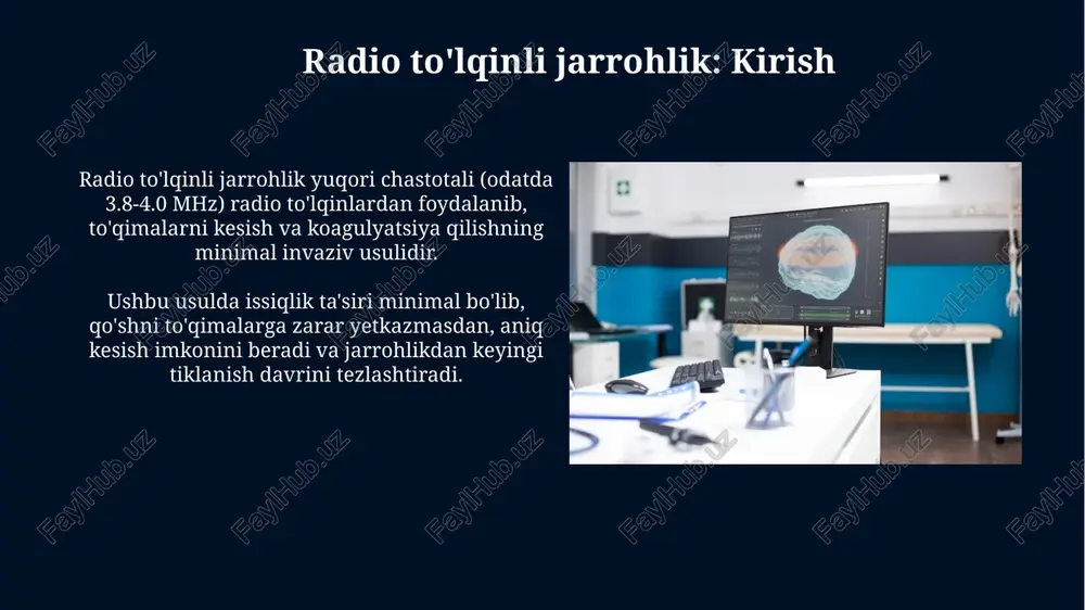 r tomonidan tavsiya etilgan og'riq qoldiruvchi dorilarni qabul qilish va qattiq jismoniy harakatlardan voz kechish muhimdir. mumkin bo'lgan asoratlar radioto'lqinli jarrohlikda infektsiya xavfi mavjud, ayniqsa aseptika qoidalariga rioya qilinmasa, operatsiya sohasida yallig'lanish jarayoni kuzatilishi mumkin. ba'zi hollarda, radioto'lqinli ablasyondan so'ng, jarrohlik sohasida chandiqlar hosil bo'lishi mumkin, bu estetik noqulaylik tug'dirishi va funksional cheklovlarga olib kelishi mumkin. muayyan tibbiy sharoitlarda radio to'lqinli jarrohlik radio to'lqinli jarrohlikda 3.8-4.0 mhz chastota ishlatiladi, bu to'qimalarni kesish va koagulyatsiya qilish uchun hujayralar ichidagi suv molekulalarini qizdirish orqali amalga oshiriladi. radio to'lqinli jarrohlikning asosiy afzalligi shundaki, u minimal darajada to'qimalarni shikastlaydi, natijada operatsiyadan keyingi og'riq kamayadi va erta tiklanishga yordam beradi. radio to'lqinli jarrohlikdagi yangi ishlanmalar yangi ishlanmalar 4.0 mgts chastotada ishlaydigan yuqori aniqlikdagi radiochastotali ablasyon qurilmalarini o'z ichiga oladi, bu esa minimal asoratlar bilan to'qimalarni aniq kesish imkonini beradi. so'nggi tadqiqotlar shuni ko'rsatdiki, radio to'lqinli jarrohlikda ishlatiladigan plazma energiyasi texnologiyasi 98% hollarda yaxshi natijalarga erishadi …