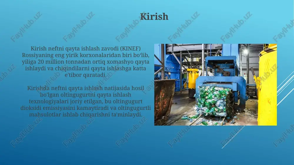 iy (pd) qayta olinadi, bu esa tabiiy resurslarni tejashga yordam beradi. chiqindilarni qayta ishlashning zamonaviy texnologiyalari, jumladan, pirometallurgiya va gidrometallurgiya, elektron komponentlardan 95% gacha boʻlgan materiallarni qayta ishlash imkonini beradi. qurilish va buzilish chiqindilarini qayta ishlash qurilish va buzilish chiqindilarini qayta ishlash agregatlarini ishlatish 85% gacha materiallarni qayta ishlash imkonini beradi, bu esa tabiiy resurslarni tejashga yordam beradi. betonni qayta ishlash uchun maxsus maydalagichlar va saralash uskunalari ishlatiladi, ular temir-beton qismlaridan metall armaturalarni ajratib oladi. to'qimachilik chiqindilarini qayta ishlash to'qimachilik chiqindilarini qayta ishlash mexanik usullar bilan amalga oshiriladi, bunda chiqindilar maydalanadi va yangi tolalar ishlab chiqarish uchun ishlatiladigan 30-80% gacha material olinadi. kimyoviy qayta ishlash sellyulozali tolalar (masalan, paxta)ni erituvchilarda eritib, yangi sun'iy tolalar, masalan, viskoza ishlab chiqarish uchun 95% gacha materialni qayta ishlaydi. noyob va xavfli chiqindilarni qayta ishlash noyob radioaktiv chiqindilarni qayta ishlashda vitrifikatsiya usuli qo'llaniladi, bunda chiqindilar shisha matritsaga joylashtirilib, 1000°c dan yuqori haroratda mustahkamlanadi. farmatsevtika chiqindilarini …