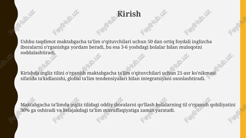 iyatlarini rivojlantirishga yordam beradi. “freeze!” buyrug'i “muzlash” o'yinida bolalarni harakatdan to'xtatish uchun ishlatiladi. bu faoliyat, 4 yoshdan oshgan bolalarda o'zini tutish va diqqatni jamlash qobiliyatlarini shakllantiradi. favqulodda vaziyatlar uchun ibora agar kimdir jarohatlangan bo'lsa, 'tez yordamga qo'ng'iroq qiling!' iborasini ayting. bu ibora jiddiy jarohatlar uchun muhim, ayniqsa, bemorga 3-5 daqiqa ichida tibbiy yordam kerak bo'lsa, unda 103 raqamiga qo'ng'iroq qilish lozim. 'yong'in! yong'in!' iborasi favqulodda vaziyatlarda, xususan, o't o'chirish bo'linmalarini 1 daqiqadan kamroq vaqt ichida chaqirish zarur bo'lganda, ogohlantirish uchun ishlatiladi, shuningdek, 112 raqamiga qo'ng'iroq qilish muhim. 'evakuatsiya qiling!' iborasi barcha xavfsizlik protokollariga rioya qilishni talab qiladi, masalan, 2 daqiqa ichida binoni tark etish va yig'ilish joyiga borish. shuningdek, 5 daqiqa ichida 101 raqamiga favqulodda xizmatga xabar bering. xulosa va savol-javob xulosa darsning muhim jihatlarini ta’kidlaydi, masalan, 15 ta asosiy ibora, 3 ta o‘yin, dars materiallarini amaliyotga qanday tatbiq etish kerakligini eslatadi. savol-javob sessiyasi tinglovchilarga 5 daqiqa vaqt davomida darsga …