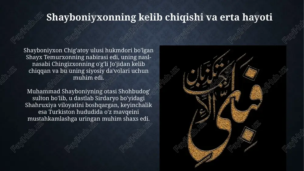 y"da so'fiylik ta'limotlari, ishqiy mavzular, axloqiy pand-nasihatlar va o'zbek adabiyotining 16-asrga xos uslublari aks etgan. safaviylar bilan to'qnashuv shayboniyxonning safaviylar bilan ilk to'qnashuvi 1507-yilda bo'lib o'tdi. marv uchun kurashda tomonlar o'zaro kuch sinashdilar, ammo bu jiddiy urushga aylanmadi. 1510-yilda shayboniyxon murg'ob daryosi bo'yida shoh ismoil i qo'shinlari bilan to'qnash keldi. bu jangda shayboniyxon halok bo'ldi va safaviylar g'alaba qozondi. marv jangi va shayboniyxonning halokati marv jangida shayboniyxonning halokati 1510-yilda yuz berdi, bu safaviylar davlati bilan bo'lgan kurashning hal qiluvchi nuqtasi bo'lib, movarounnahrning siyosiy xaritasini o'zgartirdi. shayboniyxonning marv jangidagi qo'shini soni safaviylar qo'shinidan ancha kam edi, bu esa jangning natijasiga ta'sir ko'rsatdi va uning harbiy strategiyasi samarasiz bo'ldi. shayboniyxonning harbiy strategiyasi shayboniyxonning harbiy strategiyasida qo'shinlarni 10, 100, 1000 kishilik bo'linmalarga ajratish muhim edi, bu esa tezkor boshqaruv va harakatni ta'minlar edi. uning strategiyasida asosiy e'tibor qo'shinning harakatchanligiga qaratilgan, ya'ni otliq qo'shinning tezkor manevrlari muhim rol o'ynagan va g'alabaga olib kelgan. shayboniyxon …