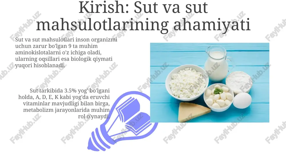 juda sezgir, 1-10 ppm oralig'ida, lekin qimmat uskunalarni talab qiladi va har bir element uchun alohida lampalar kerak. natijalar va xulosalar sutdagi kislotalik miqdori titrlash usuli orqali aniqlanadi, natijalar 0.15% dan 0.18% gacha bo'lishi normal hisoblanadi, bu sut sifatini ko'rsatadi. yog' miqdori gerber usuli bilan o'lchanadi, 3.2% dan kam bo'lmasligi kerak, bu mahsulotning to'liqligini va ozuqaviy qiymatini belgilaydi. e'tiboringiz uchun rahmat image4.png image5.jpg image6.jpg image7.jpg image8.jpg image9.jpg image10.jpg image11.jpg image12.jpg image13.jpg image14.jpg image1.jpeg image2.jpeg image3.jpeg
