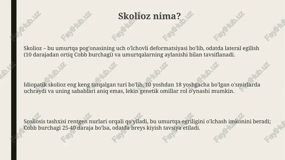 onlar assimetrik bo'lib qoladi. bu holat 20% bemorlarda psixologik muammolarni keltirib chiqaradi, depressiya va ijtimoiy izolyatsiyaga olib keladi. skoliozning oldini olish mumkinmi? skolioz rivojlanish xavfini kamaytirish uchun bolalarga 1-3 yoshdan boshlab to'g'ri o'tirish va turishga o'rgatish muhim. skoliozni to'liq oldini olish qiyin, lekin erta aniqlash va muntazam mashqlar bilan 10-25 darajali egilishni nazorat qilish mumkin. og'ir yuklarni bir tomonga tashimaslik, 15-20 daqiqalik orqa mushaklarni mustahkamlovchi mashqlar skoliozning oldini olishga yordam beradi. to‘g‘ri qad-qomatni saqlash to‘g‘ri qad-qomatni saqlash uchun stolda o‘tirganda tizzalar 90 gradus burchak ostida bo‘lishi, oyoqlar yerga tekkan holda, bel suyagi esa o‘rindiqqa tegib turishi zarur. jismoniy mashqlar, ayniqsa orqa mushaklarini mustahkamlovchi mashqlar, qad-qomatni saqlashda muhim rol o‘ynaydi; haftasiga kamida 150 daqiqa o‘rtacha intensivlikdagi mashq tavsiya etiladi. og‘ir yuklarni ko‘tarishda ehtiyot bo‘lish lozim; yukni imkon qadar tanaga yaqinroq ushlang, tizzalarni buking va belni to‘g‘ri tuting, yukning og‘irligi 20 kg dan oshmasligi maqsadga muvofiq. og‘ir yuklarni ko‘tarishda ehtiyot bo‘lish og'ir …