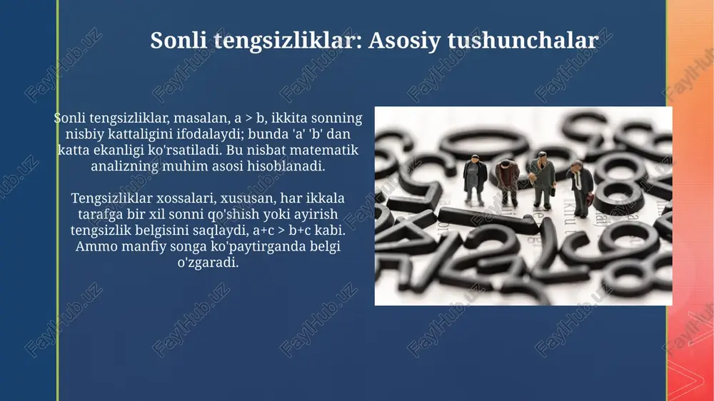 isoblashda qo'llaniladi, bunda (1 + x)^n ning qiymatini pastdan baholash kerak bo'ladi, x -1 dan katta bo'lganda. tengsizliklarning ekvivalentligi tengsizliklarning ekvivalentligi, masalan, a > b va a - c > b - c tengsizliklari o'zaro ekvivalentdir, chunki ularning yechimlari to'plami bir xil bo'ladi. agar a > b bo'lsa, unda a + c > b + c ham o'rinli bo'ladi. bu xossa tengsizlikning har ikki tomoniga bir xil sonni qo'shish ekvivalentlikni saqlashini ko'rsatadi. ekvivalent tengsizliklarni aniqlash ekvivalent tengsizliklar bir xil yechimlar to'plamiga ega; masalan, x + 2 4 ekvivalentdir x > 5 ga. amaliy misollar va masalalar amaliy misollar 2x + 3 20), bu esa real vaziyatlarni tahlil qilish imkonini beradi. e'tiboringiz uchun rahmat image4.jpg image5.jpg image6.jpg image7.jpg image8.jpg image9.jpg image10.jpg image11.jpg image12.jpg image13.jpg image14.jpg image15.jpg image16.jpg image17.jpg image2.png image3.png