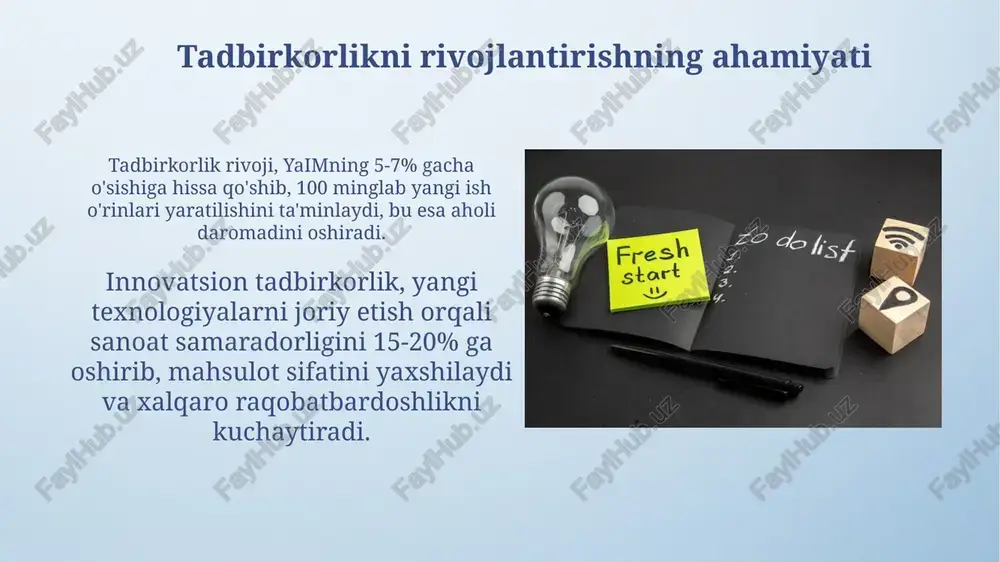 ytirish rejalashtirilgan, bu 30% vaqtni tejaydi. litsenziyalash va ruxsat berish tartib-taomillarini optimallashtirish, ortiqcha talablarni bekor qilish va 15 turdagi faoliyat uchun litsenziya olish jarayonini onlaynlashtirish ko'zda tutilgan. ro'yxatdan o'tish va litsenziyalash tartibini soddalashtirish 2023-yilda tadbirkorlik sub'ektlarini ro'yxatdan o'tkazishning avtomatlashtirilgan tizimi joriy etilib, jarayon 3 kundan 1 kungacha qisqartirildi. litsenziyalash tartibi elektron platformalar orqali amalga oshirilishi yo'lga qo'yildi, bu esa korrupsiyaviy omillarni 15% kamaytirishga yordam berdi. soliq imtiyozlari va preferensiyalar soliq imtiyozlari kichik biznes uchun aylanma solig'i stavkasini kamaytirishni o'z ichiga oladi, bu yangi tashkil etilgan korxonalar uchun dastlabki bosqichda juda muhimdir. preferensiyalar investitsiya loyihalarini qo'llab-quvvatlash uchun mol-mulk solig'i va yer solig'i bo'yicha imtiyozlarni taqdim etadi, bu investitsion faollikni rag'batlantiradi. infratuzilmani rivojlantirish infratuzilmani rivojlantirish uchun soliq imtiyozlari, jumladan, 5 yillik daromad solig'idan ozod qilish, yangi korxonalarni rag'batlantiradi va investitsiyalarni oshiradi. davlat-xususiy sherikchilik (dxsh) mexanizmlari infratuzilma loyihalarini moliyalashtirishda muhim rol o'ynaydi, xususiy kapitalni jalb qilib, davlat byudjetiga yukni kamaytiradi. innovatsiyalarni rag'batlantirish innovatsion …