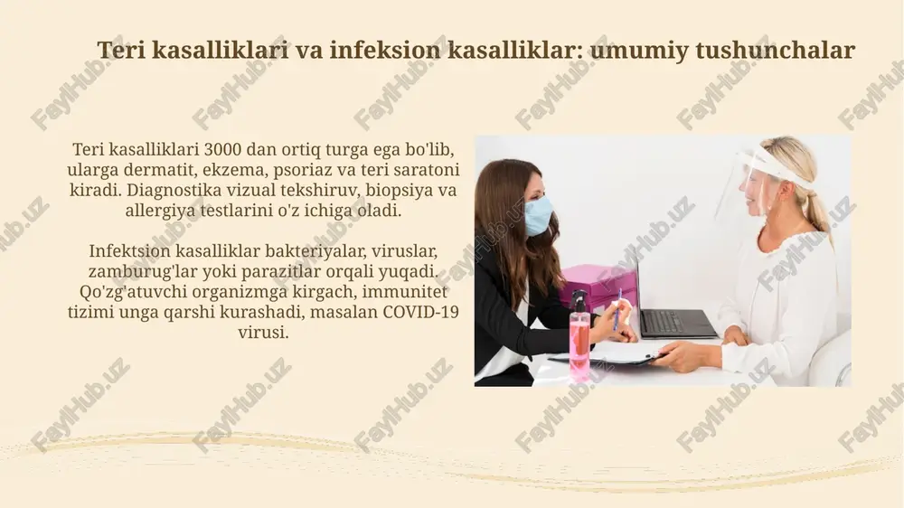ni qo'llash teri kasalliklarida kortikosteroidlar, masalan, 1% gidrokortizon kremi yallig'lanishni kamaytirish uchun qo'llaniladi, lekin uzoq muddatli foydalanish terining yupqalashishiga olib kelishi mumkin. antigistaminlar, masalan, setirizin 10 mg tabletkalari, qichishishni kamaytirish uchun allergik reaksiyalarda ishlatiladi va ularning sedativ ta'siri borligi sababli ehtiyotkorlik bilan qo'llaniladi. infeksion kasalliklarda dori-darmonlarni qo'llash infeksion kasalliklarni davolashda antibiotiklar 7-14 kun davomida qo'llaniladi; ular bakteriyalarni yo'q qiladi yoki ularning o'sishini to'xtatadi, dozalar kasallik og'irligiga qarab belgilanadi. virusga qarshi dori-darmonlar, masalan, oseltamivir, grippni davolashda 48 soat ichida boshlansa, kasallik davomiyligini taxminan 1-2 kunga qisqartirishi mumkin. teri va infeksion kasalliklarni oldini olish teri va infeksion kasalliklarning oldini olish uchun muntazam ravishda qo'llarni kamida 20 soniya davomida sovun va suv bilan yuvish muhimdir, ayniqsa ovqatlanishdan oldin. immun tizimini mustahkamlash uchun vitamin d3 (5000 iu/kun) va c vitamini (1000 mg/kun) kabi muhim vitaminlarni qabul qilish, shuningdek, muvozanatli ovqatlanish ham muhim. e'tiboringiz uchun rahmat image2.jpg image3.jpg image4.jpg image5.jpg image6.jpg image7.jpg image8.jpg image9.jpg image10.jpg …