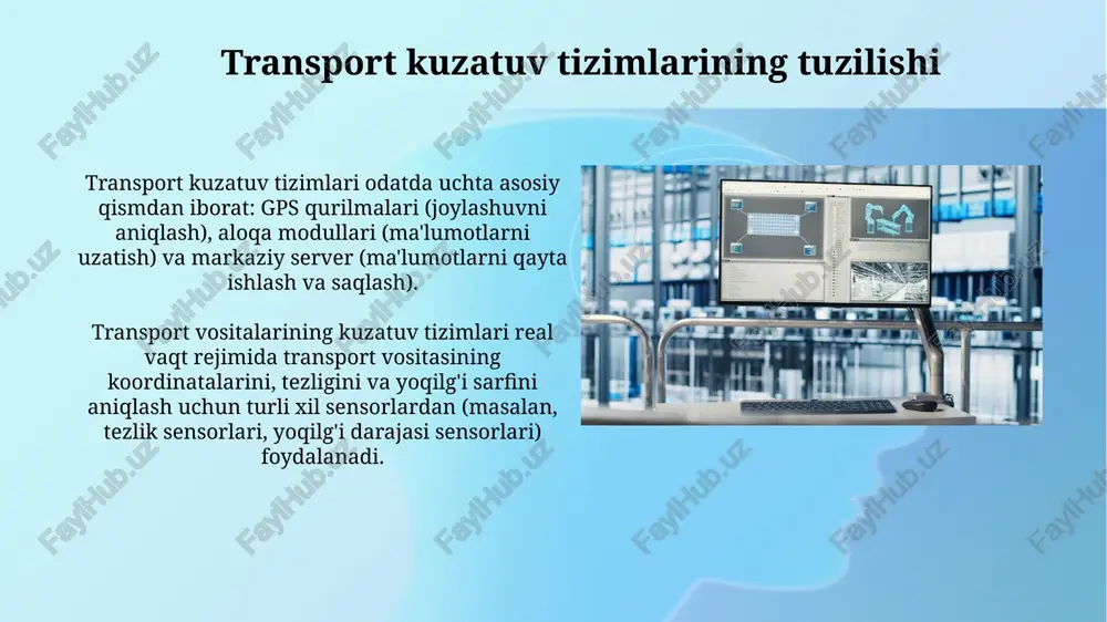 hun xavfsiz va arzon platformani taqdim etadi va 99.99% ish vaqtini kafolatlaydi. xavfsizlik va ma'lumotlarni himoya qilish transport kuzatuv tizimlarida xavfsizlik 128-bitli aes shifrlash kabi kuchli algoritmlar orqali ma'lumotlarni himoya qilishga qaratilgan, ruxsatsiz kirishni oldini oladi. ma'lumotlar himoyasi gps koordinatalari va vaqt belgilari kabi sezgir ma'lumotlarni tls 1.3 protokoli orqali shifrlash orqali ta'minlanadi va shaxsiy hayotni saqlaydi. real vaqtda kuzatuv real vaqtda kuzatuv gps, gsm va boshqa sensorlardan olingan ma'lumotlarni qayta ishlash orqali, ob'ektning joylashuvi, tezligi va yo'nalishini aniqlash uchun ishlatiladi. ushbu tizimlar kalman filtrlari kabi signalni qayta ishlash algoritmlaridan foydalanadi, bu esa ma'lumotlardagi shovqinni kamaytirish va aniqlikni oshirish imkonini beradi. geofencing va bildirishnomalar geofencing virtual perimetrlarni yaratadi, bu esa belgilangan hududga kirish yoki chiqishda bildirishnomalarni avtomatik tarzda ishga tushirish imkonini beradi, bu logistika uchun muhim. bildirishnomalar real vaqtda ogohlantirishlarni ta'minlaydi, masalan, yuk mashinasi belgilangan geofence zonasiga kirganda, kechikishlarni kamaytirish va xavfsizlikni oshirish uchun. tizimning arxitekturasi va komponentlari transport kuzatuv …