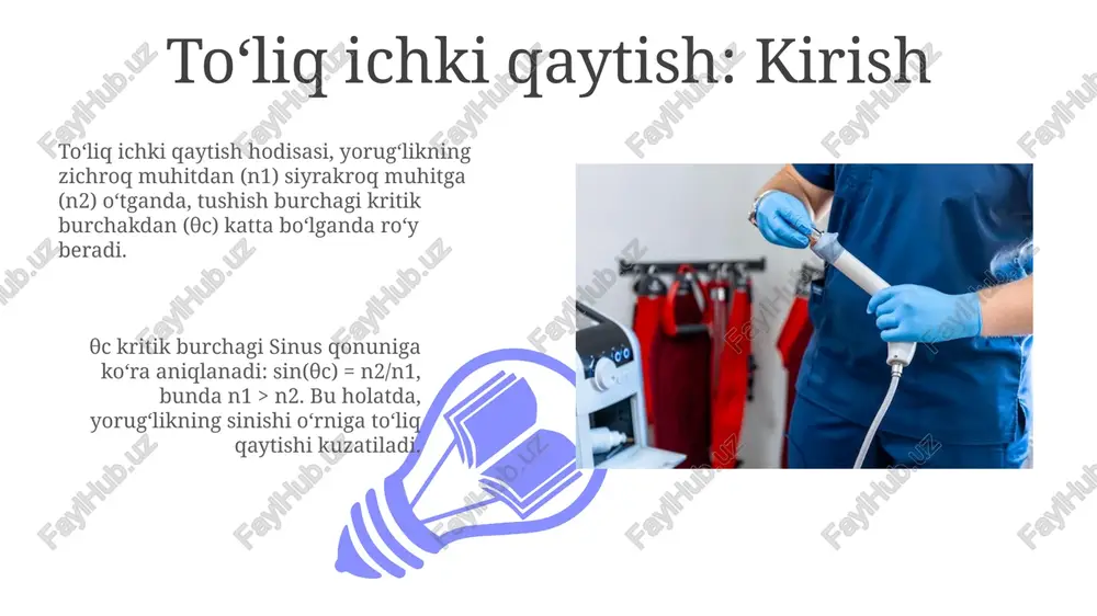 an ingichka, moslashuvchan naychalar orqali tasvir uzatiladi. endoskoplar diagnostika va terapevtik maqsadlarda qo'llaniladi: biopsiya olish, yot jismlarni olib tashlash, qon ketishni to'xtatish, minimal invaziv jarrohlik amaliyotlarini bajarish uchun ulardan foydalaniladi. endoskopning tuzilishi va ishlash prinsipi endoskoplar 2 ta asosiy tizimga ega: yorug'lik uzatish tizimi, optik tolalar orqali yorug'likni yetkazib beradi va tasvir uzatish tizimi, 10000 dan ortiq tolalar bilan aniq tasvirlarni aks ettiradi. endoskopning ishlash prinsipi total ichki akslanishga asoslangan bo'lib, yorug'lik optik tolalar ichida 90 gradusdan katta burchak ostida qaytarilib, ichki organlarni yoritadi va tasvirni uzatadi. endoskop turlari 01 02 bronxoskopiya, o'pka yo'llarini ko'rish uchun ishlatiladi. uning diametri odatda 3-4 mm bo'lib, bemorning nafas olish tizimini baholash imkoniyatini beradi. sales 1st qtr 2nd qtr 100 0 sales 1st qtr 2nd qtr 100 0 endoskopning tibbiyotda qoʻllanilishi endoskopiya tibbiyotda oshqozon-ichak trakti, nafas yo'llari va siydik pufagi kabi ichki organlarni vizual tekshirish uchun ishlatiladi. bu minimal invaziv usul bo'lib, diagnostika aniqligini …