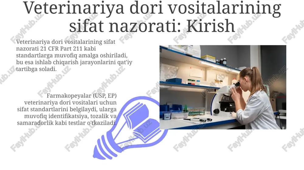 at qilish tartibi belgilangan va aniq vazifalar koʻrsatilgan. xulosa va tavsiyalar veterinariya dori vositalari sifat nazoratini kuchaytirish, risk-asoslangan yondashuv orqali 15% gacha soxta mahsulotni aniqlash imkonini beradi. farmatsevtika kompaniyalariga investitsiyalarni ko'paytirish orqali 2025 yilga kelib standartlarga javob beradigan dori vositalari ishlab chiqarishni 30% ga oshirish zarur. e'tiboringiz uchun rahmat image4.png image5.jpg image6.jpg image7.jpg image8.jpg image9.jpg image10.jpg image11.jpg image12.jpg image13.jpg image14.jpg image1.jpeg image2.jpeg image3.jpeg