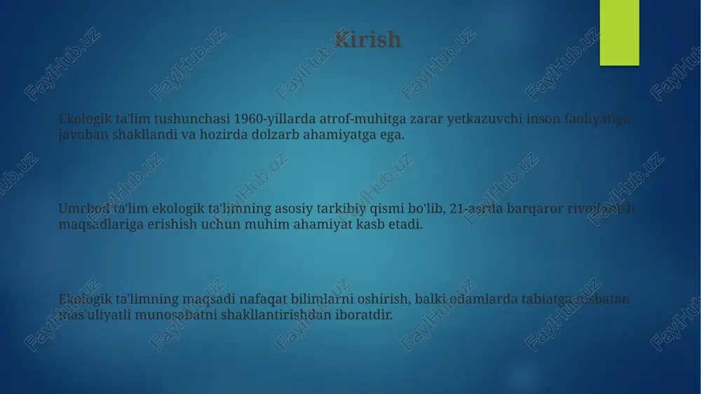 orqali ekologik ongni rivojlantirishga yordam beradi. o'zbekistonda ekologik ta'limni rivojlantirish istiqbollari o'zbekistonda ekologik ta'limni integratsiyalash uchun 50 dan ortiq o'quv dasturlari va 1000 dan ortiq o'qituvchilar qayta tayyorlanmoqda. 2030 yilgacha mo'ljallangan strategiyada ekologik ta'limni rivojlantirish orqali barqaror resurslardan foydalanish ko'rsatkichlarini 15 foizga oshirish rejalashtirilgan. ekologik muammolarni hal qilish uchun 2025 yilgacha maktabgacha ta'lim muassasalarida 'ekologiya burchagi' tashkil etish va yangi ekologik o'yinlar joriy etish ko'zda tutilgan. xulosa xulosa shuni ko'rsatadiki, ekologik ta'lim 21-asr talablariga javob beradigan, tabiatga nisbatan mas'uliyatli munosabatni shakllantiruvchi muhim omildir. umrbod ta'lim doirasida ekologik ta'lim konsepsiyasi 17 ta barqaror rivojlanish maqsadlariga erishish uchun zaruriy bilim va ko'nikmalarni o'z ichiga oladi. ekologik ta'limning samaradorligi 5 turli o'lchovlar orqali baholanadi: bilim, munosabat, xulq-atvor, ko'nikmalar va ishtirok etish darajasi. e'tiboringiz uchun rahmat image2.png image3.png image4.png image5.png