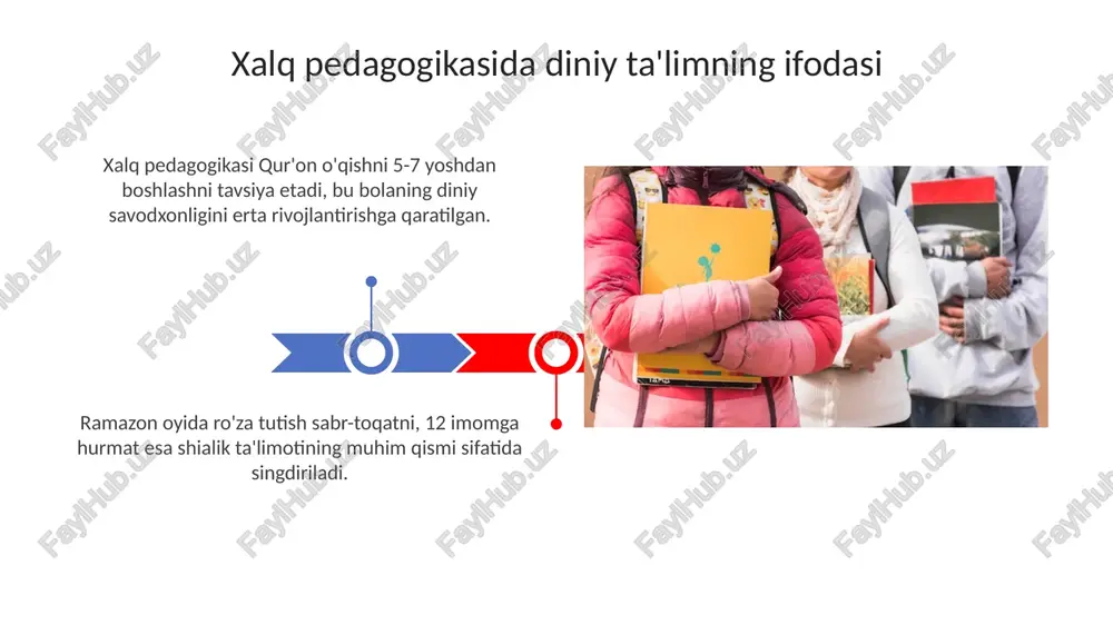 ari an'anaviy diniy bilimlar, ayniqsa og'zaki shakldagilarni yozib olish uchun etnografik kuzatuv usuli, masalan, 40 kunlik marosimlar haqida ma'lumot to'plash muhim. qadimgi qo'lyozmalar va tarixiy hujjatlar diniy ta'limotlar va ularning evolyutsiyasi haqida muhim ma'lumotlarni o'z ichiga oladi, ularni 700 yildan ortiq tarixga ega manbalardan izlash kerak. to'plangan diniy ma'lumotlarni tahlil qilish metodologiyasi ma'lumotlarni tahlil qilish metodologiyasi kontekst tahlilini o'z ichiga oladi, unda diniy matnlarning 10 asosiy elementi izohlanadi va sharhlanadi. solishtirma tahlil usuli diniy an'analarning 3 asosiy xususiyatini aniqlashga yordam beradi: o'xshashlik, farq va tarixiy aloqalar. xulosa va tavsiyalar tavsiyalar, 7 asosiy yo'nalishni qamrab olishi kerak: o'qitish usullari, axloqiy me'yorlar, an'analar va marosimlar, tarbiyaviy vositalar. folk pedagogikada diniy ta'lim ifodasini o'rganishda 100 dan ortiq manbalarni tahlil qilib, asosiy xulosalarni jamlash lozim. e'tiboringiz uchun rahmat image3.png image4.jpg image5.jpg image6.jpg image7.jpg image8.jpg image9.jpg image10.jpg image11.jpg image12.jpg image13.jpg image14.jpg image15.jpg image16.jpg image1.jpeg image2.jpeg