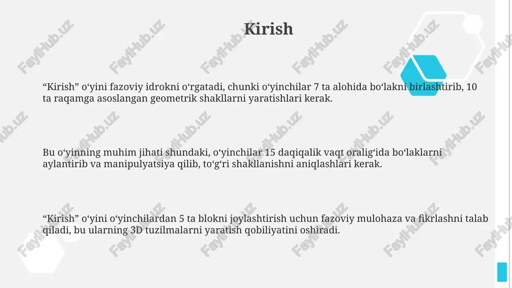 inata tizimlari (x, y, z) orqali navigatsiyani talab qiladi, bu esa 2d va 3d fazodagi pozitsiyani aniqlash ko'nikmalarini rivojlantiradi, 8-sinf o'quvchilariga mos keladi. fazoni o'rgatuvchi o'yinlar 3d modellash orqali geometrik shakllar va ularning xususiyatlarini, masalan, hajmni hisoblashni o'rgatadi, bu esa 10-sinfda foydali bo'lishi mumkin. fazoni o'rgatuvchi o'yinlar odatda perspektiva va nisbat tushunchalarini o'z ichiga oladi, bu o'yinchilarga ob'ektlarning hajmi va masofasini farqlashga yordam beradi, 6-sinf o'quvchilari uchun samarali. xarita o'yinlari xarita oʻyinlari 18-asrda yevropada mashhur boʻlgan boʻlib, geografiya fanini oʻrgatishning innovatsion usuli sifatida xizmat qilgan, unda qitʼalar va davlatlar joylashuvi oʻrgatilgan. oʻyin kartalari koʻpincha murakkab xaritalarni oʻz ichiga olgan, ularda 100 dan ortiq joylar belgilangan va oʻyinchilar ushbu hududlarni topish va nomlash orqali bilimlarini sinab koʻrishgan. xarita oʻyinlari vaqt oʻtishi bilan evolyutsiyaga uchrab, 19-asrga kelib, imperiyalarning kengayishi va savdo yoʻllari kabi tarixiy voqealarni oʻz ichiga olgan murakkab strategiya elementlarini qoʻshdi. fazoviy mo'ljalga olish o'yinlari fazoviy moʻljalga olish oʻyinlari 3d muhitda …