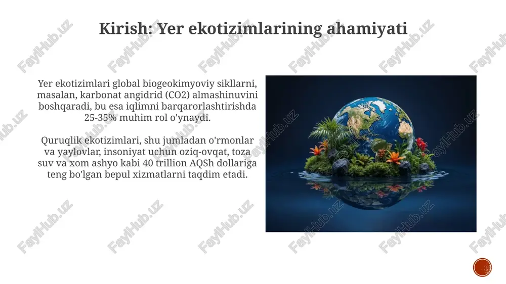 n) bilan ajralib turadi, bunda o'simliklar past harorat va doimiy muzliklar sharoitida o'sishga moslashgan. tundra biocenozlarida lemmerlar, qutb tulkilari va karibuler kabi hayvonlar mavjud bo'lib, ular oziq-ovqat zanjirlarida muhim rol o'ynaydi va o'ziga xos ekologik muvozanatni saqlaydi. tog' ekotizimlari: vertikal zonallik tog' ekotizimlarida vertikal zonallik balandlik ortishi bilan haroratning pasayishi, yog'ingarchilikning o'zgarishi tufayli o'simlik va hayvonot dunyosining almashinishini ta'minlaydi. har bir vertikal mintaqada o'ziga xos biocenozlar shakllanadi: masalan, 3000 metrdan yuqori alp o'tloqlari va ignabargli o'rmonlar 1500-2500 metr balandlikda keng tarqalgan. suv-botqoq ekotizimlari: o'tish hududlari suv-botqoq ekotizimlari, 0% dan 100% gacha suv bilan to'yingan tuproqlari tufayli, quruqlik va suv ekotizimlari o'rtasida noyob 'o'tish zonasi' vazifasini o'taydi. suv-botqoqlar bioxilma-xillik nuqtai nazaridan juda muhim, chunki ular ko'plab suvda yashovchi, quruqlikda yashovchi hayvonlar va o'simliklarning 1/3 qismiga boshpana beradi. qishloq xo'jaligi ekotizimlari: inson ta'siri qishloq xo'jaligi ekotizimlarida monokultura ekinlari biologik xilma-xillikning kamayishiga olib keladi, bu esa 75% global oziq-ovqat ta'minoti uchun xavf tug'diradi. …