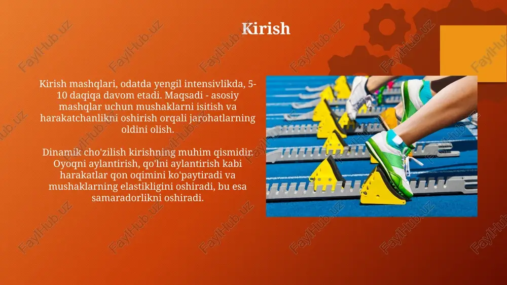 ni o'rgatishni o'z ichiga oladi. masalan, 100 metrga yugurishda start texnikasi. taktik tayyorgarlik taktik tayyorgarlik sportchining raqibga qarshi kurashish usullarini, 70-80% samaradorlik bilan qo'llashga o'rgatadi, vaziyatni baholash va tez qaror qabul qilishni rivojlantiradi. ushbu tayyorgarlik 3 asosiy elementga ega: taktik bilimlar (qoidalar, strategiyalar), taktik ko'nikmalar (texnikani qo'llash), va taktik aql (vaziyatni tahlil qilish). ruhiy tayyorgarlik ruhiy tayyorgarlik - bu sportchining musobaqaga psixologik jihatdan tayyorligini oshirish, masalan, diqqatni jamlash uchun meditatsiya texnikalaridan 5-10 daqiqa foydalanish. muvaffaqiyatli ruhiy tayyorgarlik sportchiga o'ziga ishonchni mustahkamlashga yordam beradi, bu esa natijalarni taxminan 15-20% ga yaxshilashi mumkin, shuningdek, stressni kamaytiradi. trening yuklamalarini nazorat qilish trening yuklamalarini nazorat qilish, sportchining fiziologik holatini baholash uchun yurak urish tezligini (yuut) o'lchashni o'z ichiga oladi, bu intensivlikni aniq belgilashga yordam beradi. laktat darajasini monitoring qilish mushaklardagi charchoqni aniqlashga imkon beradi. yuqori laktat 4 mmol/l dan oshsa, yuklamani kamaytirish yoki tiklanishga e'tibor qaratish kerak. dam olish va tiklanish faol dam olish …