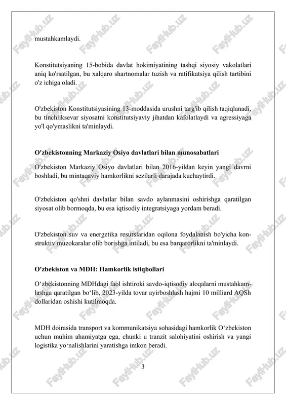 boradi. o'zbekistonning aqsh bilan aloqalari o'zbekiston va aqsh o'rtasida 1992-yilda diplomatik aloqalar o'rnatilgan, siyosiy, iqtisodiy va madaniy sohalarda ikki tomonlama hamkorlik rivojlanmoqda. aqsh o'zbekistonga iqtisodiy rivojlanish, xavfsizlikni mustahkamlash va demokratik islohotlarni qo'llab-quvvatlash uchun 2023-yilga qadar 1 milliard dollardan ortiq yordam ko'rsatdi. o'zbekiston va aqsh markaziy osiyo mintaqasida barqarorlikni ta'minlash, terrorizmga qarshi kurashish va afg'onistonda tinchlikni o'rnatish bo'yicha hamkorlik qiladi. investitsiya va iqtisodiy diplomatiya o'zbekiston 2022-yilda 8 milliard dollardan ortiq investitsiyani jalb qilishni maqsad qilgan, iqtisodiy diplomatiya buni amalga oshirishda muhim rol o'ynaydi. o'zbekistonning iqtisodiy diplomatiyasi ustuvor yo'nalishi - eksportni diversifikatsiya qilish, 2026-yilga kelib 30 milliard dollarga yetkazish maqsad qilingan. iqtisodiy diplomatiya davlatlararo savdo-iqtisodiy aloqalarni mustahkamlash, xususan, 10 dan ortiq erkin savdo bitimlarini tuzishga qaratilgan. madaniy-gumanitar almashinuv va xalq diplomatiyasi o'zbekiston 2023-yilda 40 dan ortiq davlat bilan madaniy hamkorlik dasturlarini amalga oshirdi, bu xalqlar o'rtasidagi o'zaro tushunishni rivojlantirishga qaratilgan. xalq diplomatiyasi doirasida 100 dan ziyod nodavlat tashkilotlari faoliyat yuritib, chet ellik …