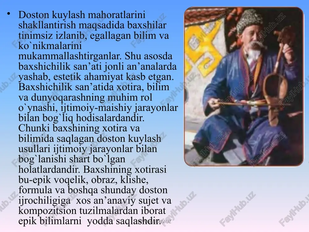 on”, “nurali” turkumiga oid an’anaviy dostonlar kuylanib kelingan. ayniqsa, “alpomish” dostoni umumo`zbek dostonchilik maktabi baxshilari repertuaridan alohida joy olgan va har bir baxshi ushbu dostonni mehr bilan ijro etgan. dostonning janubiy o`zbekistonda yashab ijod qilgan mardonaqul avliyoqul o`g`li, mamadrayim yuzboshi, umir shoir safarov, bo`riboy ahmedov, abdulla shoir nurali o`g`li, hamro ergash o`g`li, zohir qo`chqorovdan yozib olingan variantlari professor t.mirzayev tomonidan yetarlicha tahlil qilingan. shu bilan bir qatorda doston variantlari biz yuqorida tilga olgan savodli baxshilar repertuaridan ham yozib olingan. www.arxiv.uz qahramonlik shartlari umir shoir variantida uchta bo`lsa, qodir baxshida to`rttadir. barchin obrazi yanada kuchaytirilgan. bu holni qultoy qiyofasidagi alpomishning barchin bilan yor-yor aytishuvi tasvirida yaqqol ko`rish mumkin: qultoy: sumbul-sumbul sochingdi dol qo`yag`ay, yor-yor, xapamating bandini xo`p tuyag`ay, yor-yor, ultontoz ham yaxshi qul, sen tiyag`ay, yor-yor, o`ng tizzangga ullar olib, ham suyag`ay, yor-yor, sumbil-sumbil sochingdi, yana sumbul sochingdi tarag`ayda, barchinjon, oyna olib oq yuzingga qaragayda barchinjon. barchin: lochin qo`ngan to`shimga qarg`ani …