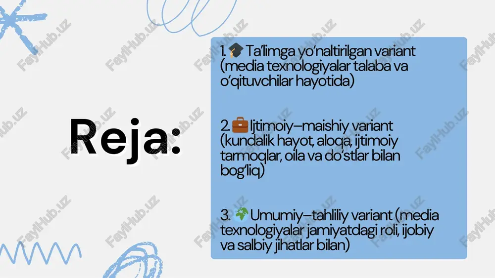 6. www.ziyonet.uz — o‘zbekiston ta’lim portali 7. www.sciencedirect.com — media texnologiyalar haqidagi ilmiy maqolalar 8. www.researchgate.net — media va jamiyatga oid tadqiqotlar 9. www.bbc.com/future — media innovatsiyalari haqidagi maqolalar 10. www.wikipedia.org — “media technology” sahifasi e'tiboringiz uchun rahmat