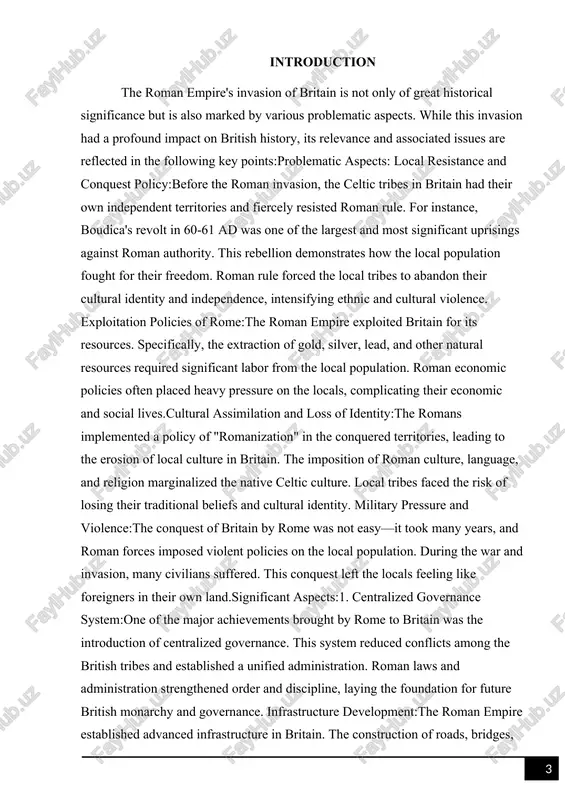 example of the struggle for local identity and independence in history. while the roman empire's invasion of britain holds significant historical importance, its impact continues to resonate in contemporary british society. the changes brought by the invasion and the process of romanization have led to several pressing issues in the present day. these challenges are primarily reflected in historical, cultural, and social contexts: national identity issues:the period of british history linked to the roman empire has complicated national identity issues. today, while britain values its independence and cultural heritage,the roman invasion marginalized the native celtic culture and led to assimilation. this process sparks discussions about historical memory and national identity. some groups seek to reclaim their history and emphasize the pre-roman era, which generates debates about historical justice and heritage in britain. racial and cultural relations:the roman empire was a multicultural entity that brought people from various backgrounds to britain. …
