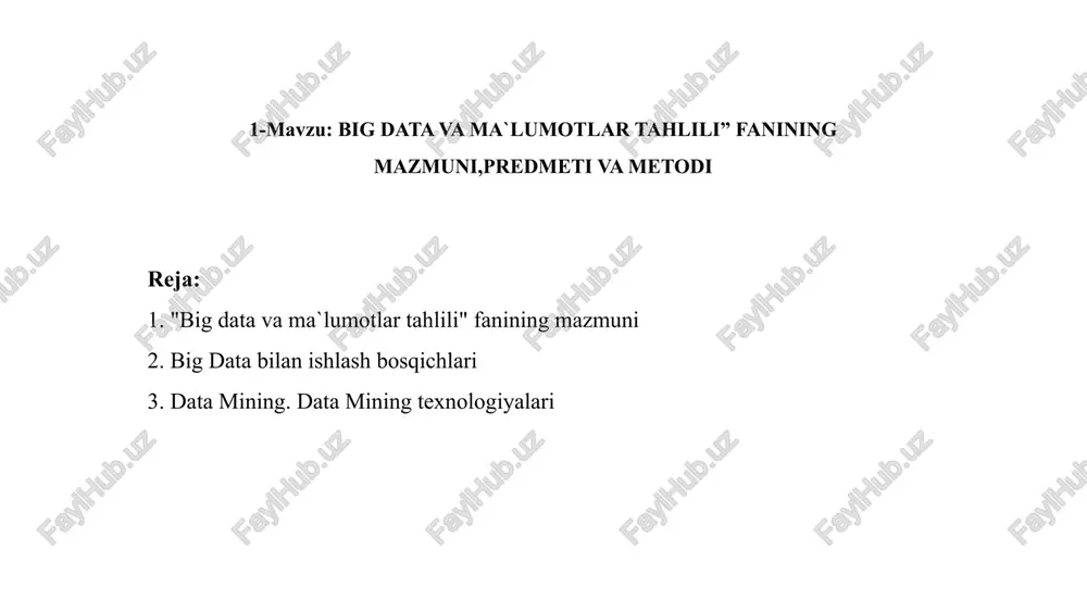 oshqasohalarni yanada yaxshilash, ularning imkoniyatlarini oshirish, muommolargamuqobil yechimlar izlab topish imkonini yaratadi. "big data va ma`lumotlar tahlili" fanining mazmuni sensorlardan yoki audio va video yozuv qurilmalaridan doimiy ravishdakeladigan ma'lumotlar, ijtimoiy tarmoqlardan kelgan xabarlar oqimlari,meteorologik ma'lumotlar, uyali aloqa abonentlarining geolokatsion koordinatlari vaboshqalar kata hajmdagi ma'lumotlarning yorqin misolidir katta ma'lumotlar manbalari quyidagicha bo'ladi: internetdagi ijtimoiytarmoqlar, bloglar, oav, forumlar, veb-saytlar, (internet of things (iot));korporativ ma'lumotlar - bitimlar, arxivlar, ma'lumotlar bazalari va fayllarni saqlash;asboblarning ko`rsatgichlari - sensorlar, magnitafonlar va boshqalar.. 2. big data bilan ishlash bosqichlari katta ma'lumotlar (big data) bilan ishlash jarayoni an'anaviy ma'lumotlarni qayta ishlashdan farqli o'laroq, maxsus texnologiyalarni talab qiluvchi bir qator ketma-ket bosqichlardan iborat. bu jarayon odatda "ma'lumotlar quvuri" (data pipeline) deb ataladi. 1. ma'lumotlarni yig'ish (data collection / ingestion) bu bosqichda ma'lumotlar turli xil manbalardan to'planadi va markaziy tizimga kiritiladi. manbalar: ijtimoiy tarmoqlar, iot (internet of things) sensorlari, log fayllari, tranzaksiya tizimlari, tashqi apilar. 2. ma'lumotlarni saqlash (data storage) …