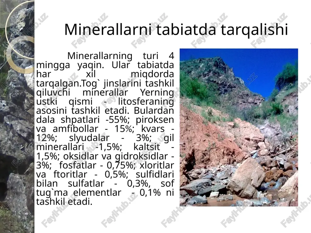 chizib 2 – tirnoq bilan chizib 3 – mis tanga yordamida chizib 4 – mix yordamida chizib 5 – shisha yordamida chizib 6 – nina, pichoq yordamida chizib 7 – kvarts bo’lagi yordamida chizib minerallarning solishtirma og’irligi solishtirma og`irlik minerallarni aniqlashda ahamiyati katta. solishtirma og`irlik minerallarda sezilarli ravishda o`zgaruvchan bo`lib, 0,5 dan 21 gacha bo`ladi. minerallarning solishtirma og`irliklari ularning kimyoviy tarkibiga, ion va atomlari- ning og`irligiga va tabiiy ichki tuzilishlariga (strukturasi) bog`liq. minerallarning kimyoviy tarkibiga ko`ra solishtirma og`irligi har xil bo`ladi. izomorf qatoridagi kimyoviy elementlar katta atom og`irligiga ega bo`lsa, u holda solishtirma og`irligi ham ortadi, katta ion radiusida esa aksincha. masalan, albit na(alsi3o8)-anortit ca(al2si2o8). solishtirma og`irlik 2,61 dan 2,75 gacha o`zgaradi. olivin guruhidagi minerallarda ham xuddi shunday, forsteritdan mg2(sio4) fayalitgacha fe2(sio4) ortib boradi. solishtirma og`irlikning (zichlik) o`lchov birliklari. solishtirma og`irlikni ifodalash uchun massa yoki og`irlikning ma`lum hajmiga nisbati olinadi. m p d= ― yoki d = ― v v …